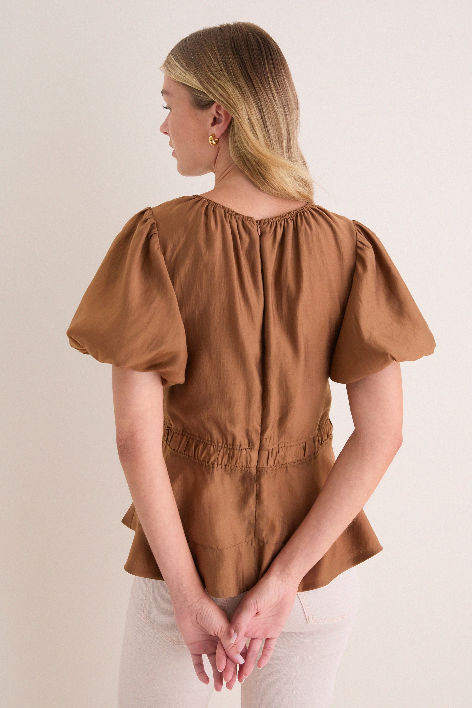 Camel Puff Sleeve Peplum Top