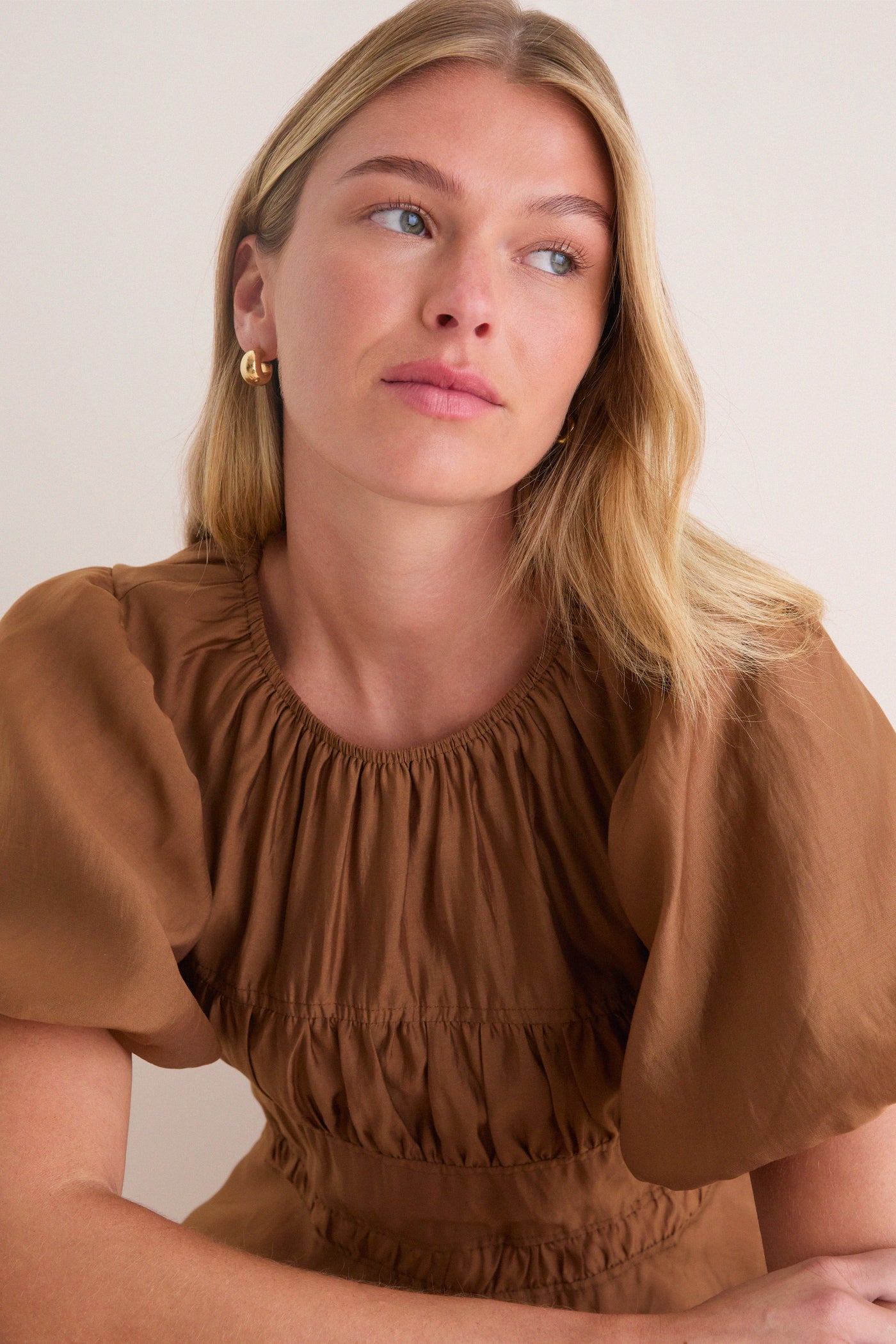 Camel Puff Sleeve Peplum Top