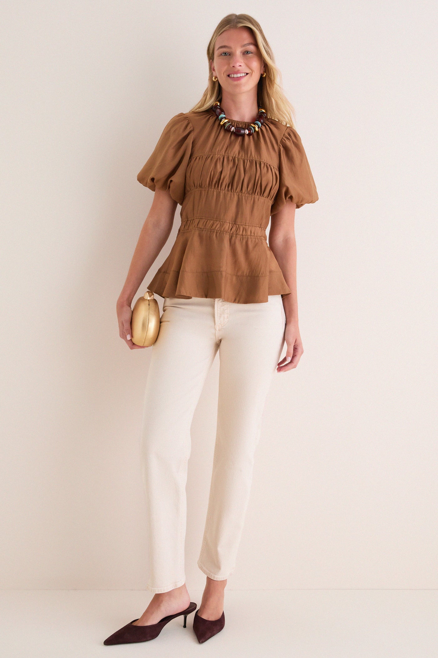 Camel Puff Sleeve Peplum Top