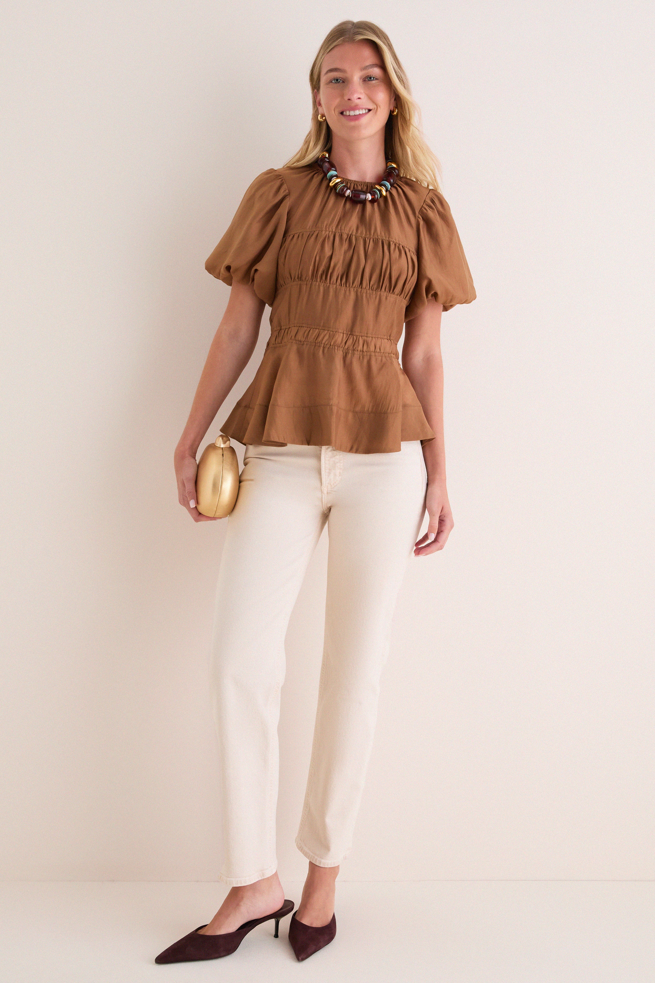 Camel Puff Sleeve Peplum Top