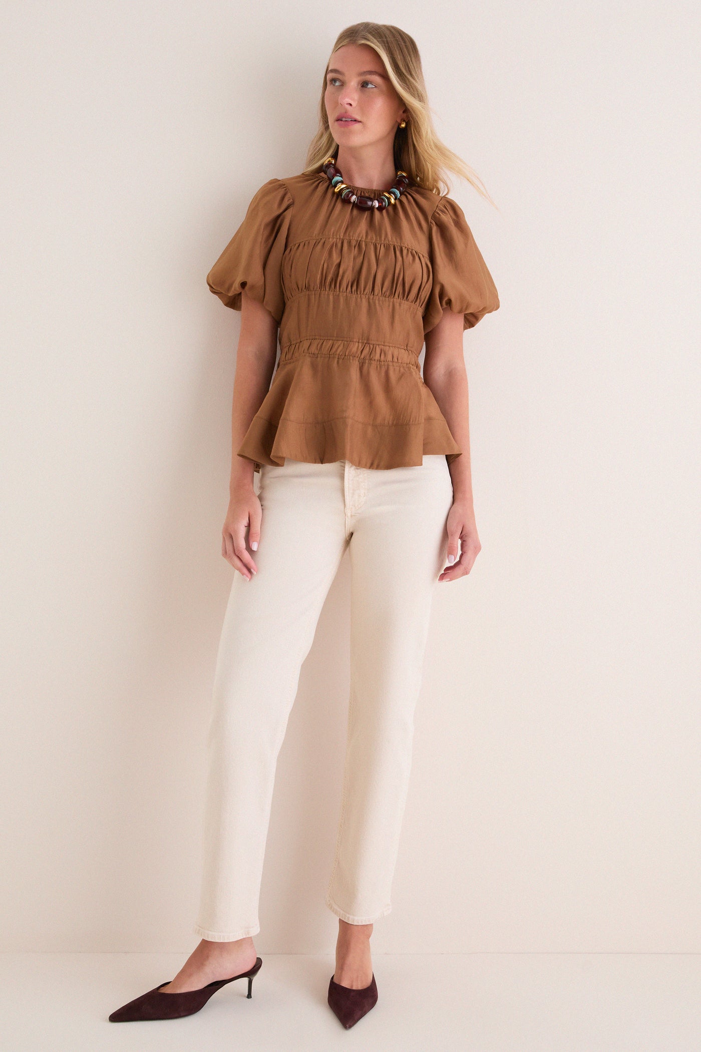 Camel Puff Sleeve Peplum Top