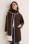 Coffee Bean Contrast Stitching Coat with Scarf