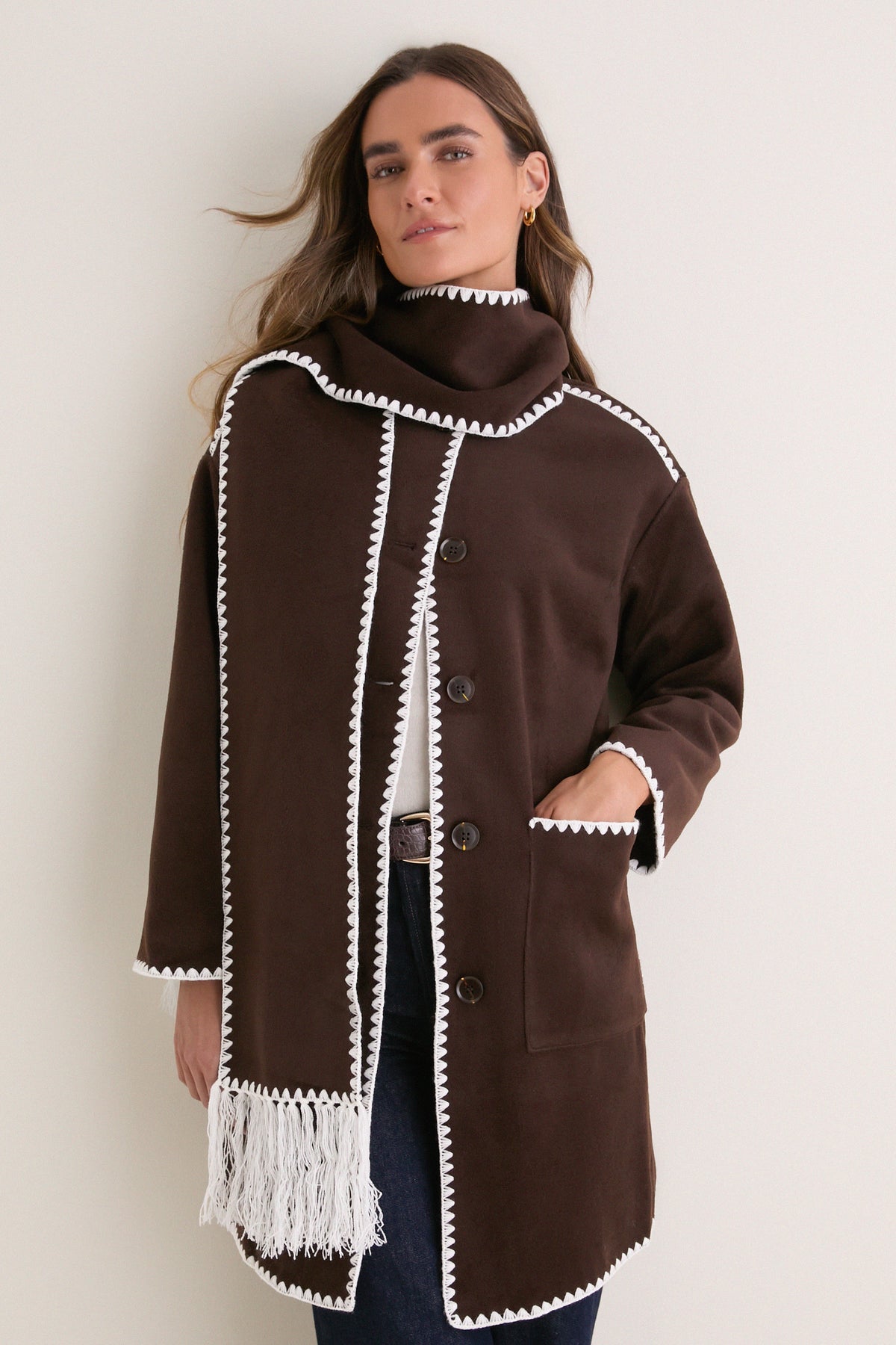 Coffee Bean Contrast Stitching Coat with Scarf