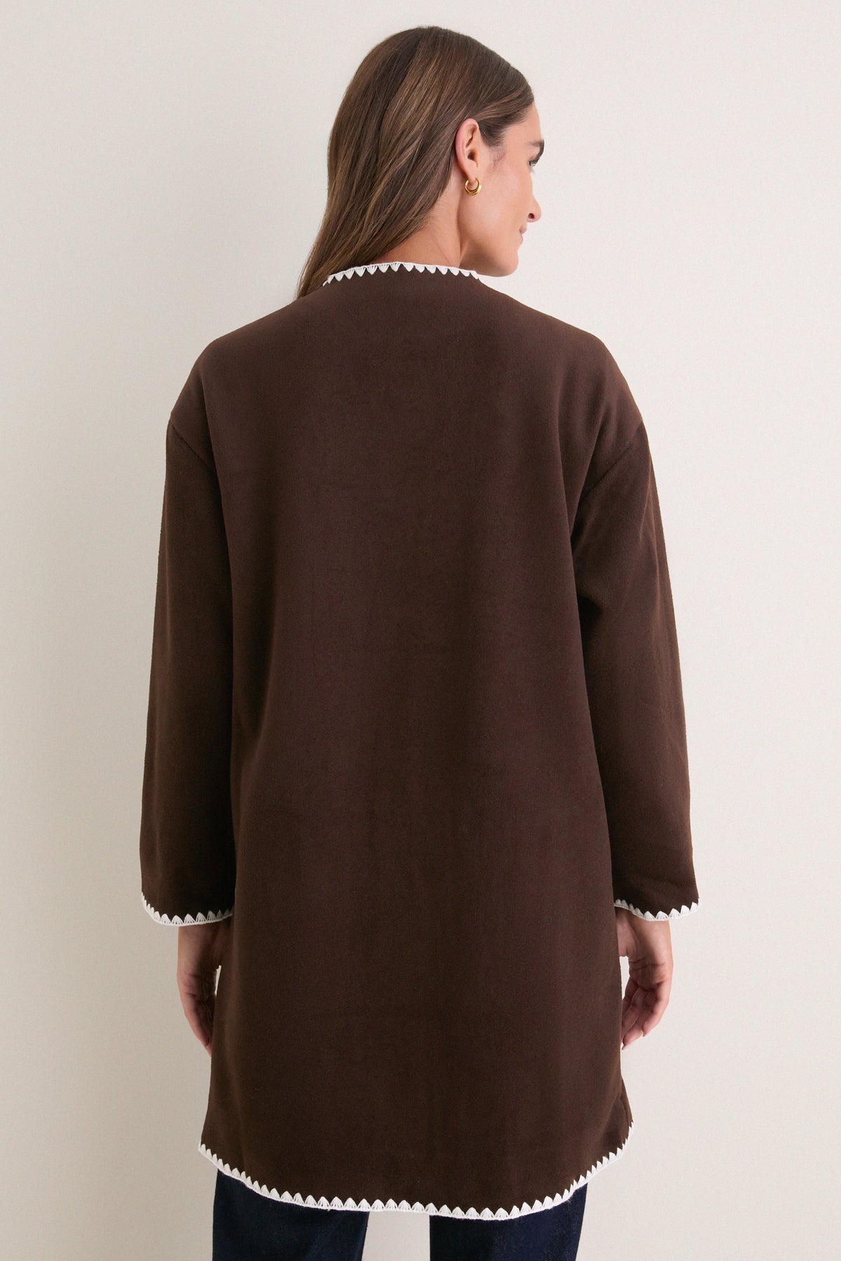 Coffee Bean Contrast Stitching Coat with Scarf
