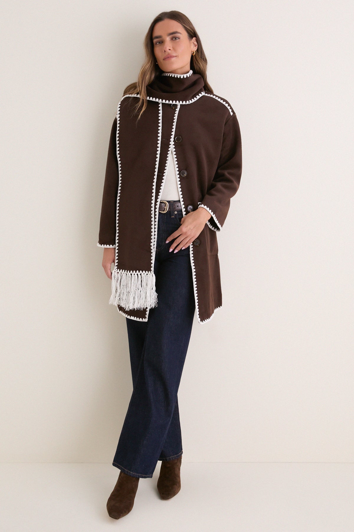 Coffee Bean Contrast Stitching Coat with Scarf