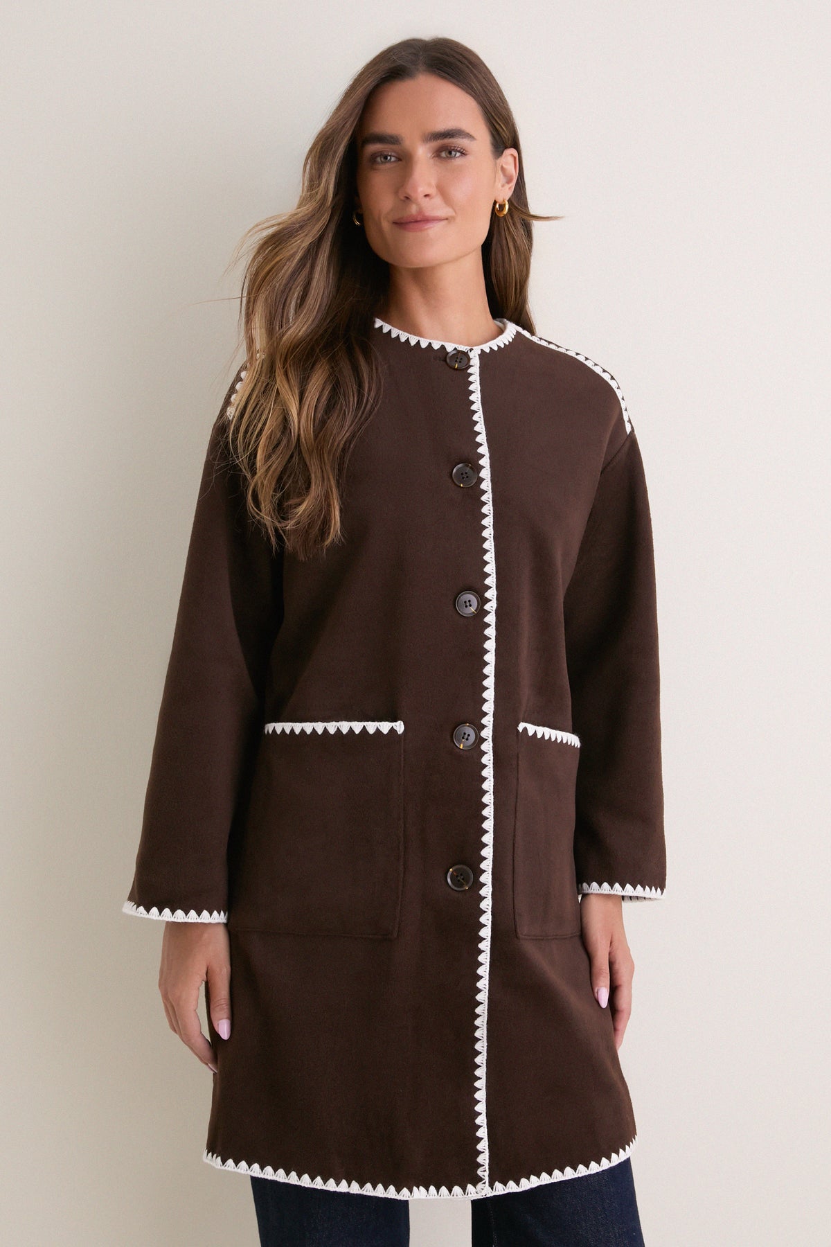 Coffee Bean Contrast Stitching Coat with Scarf