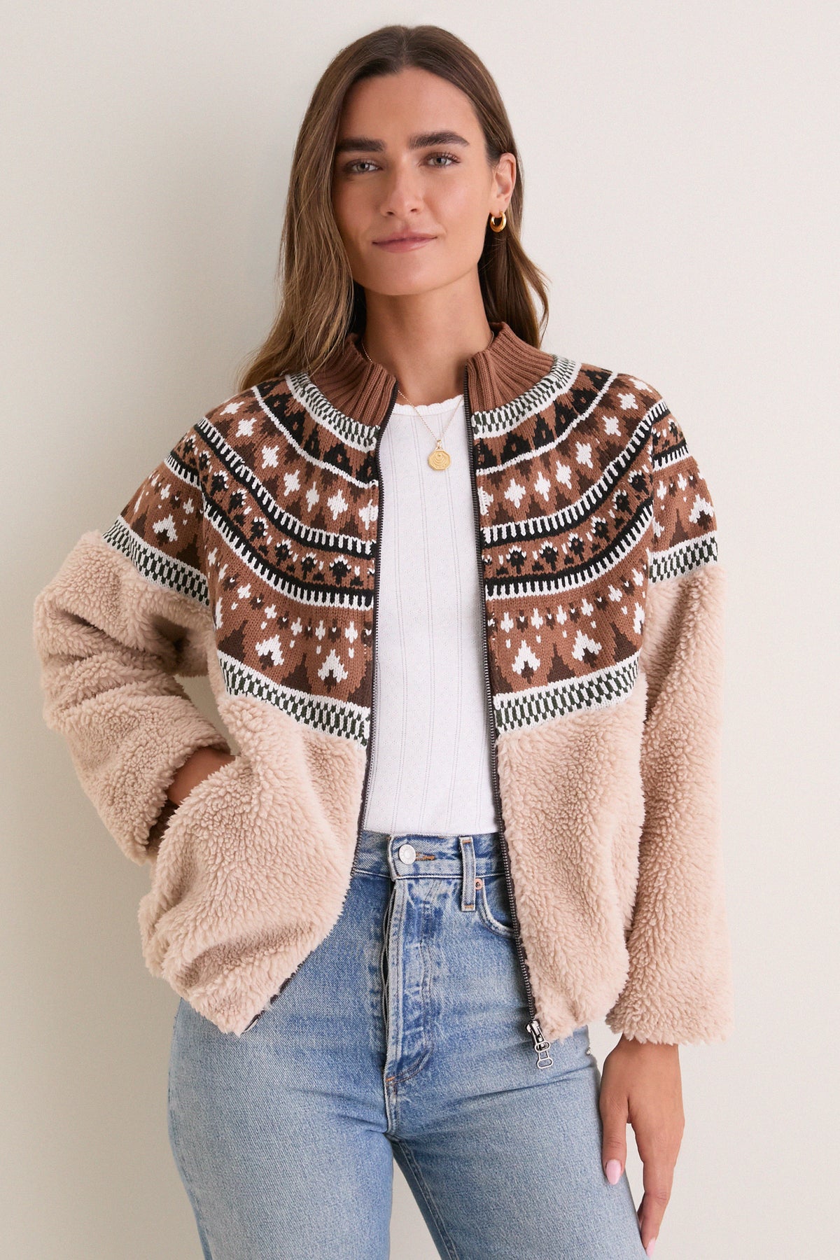 Beige Multi Fair Isle Sherpa Knit Contrast Jacket