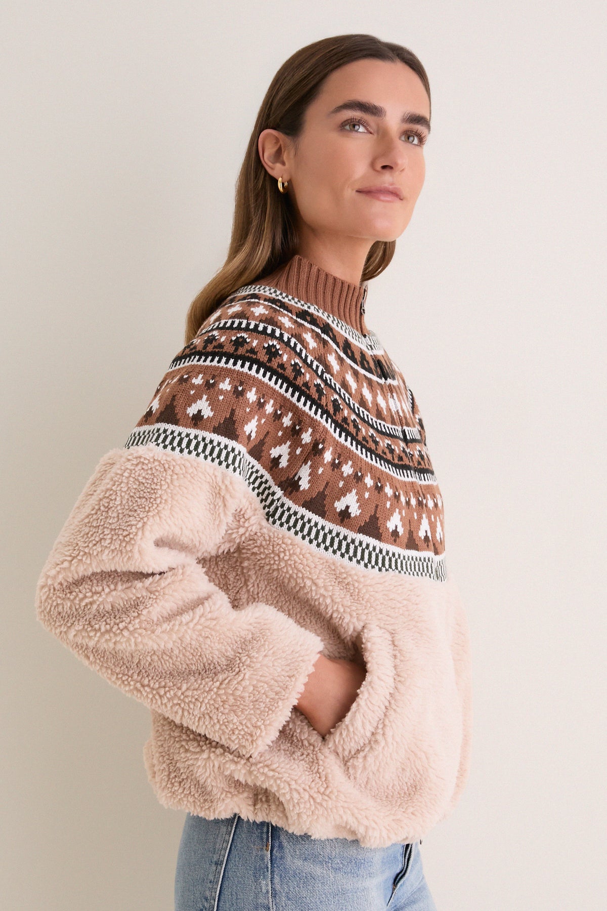 Beige Multi Fair Isle Sherpa Knit Contrast Jacket