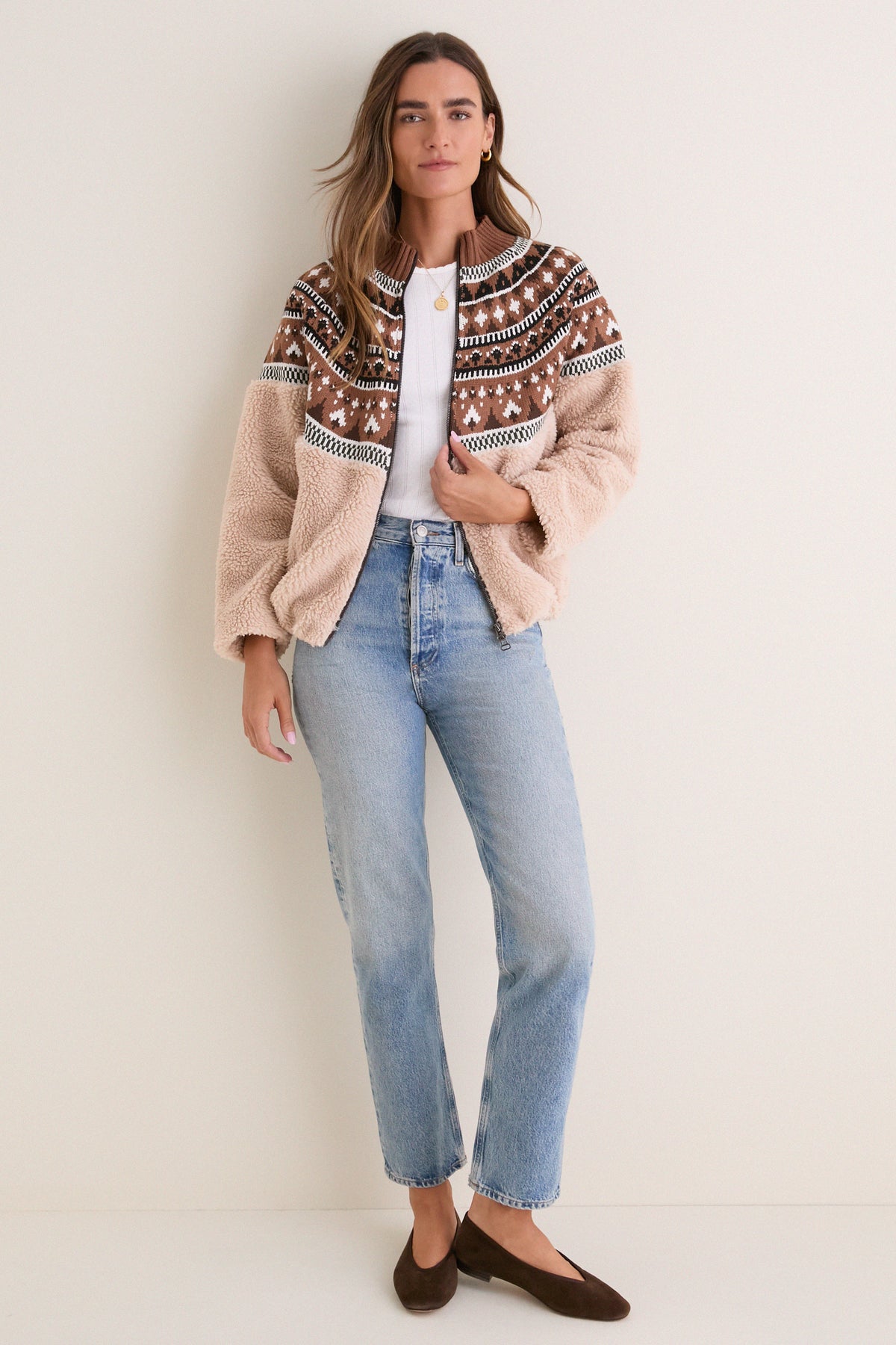 Beige Multi Fair Isle Sherpa Knit Contrast Jacket