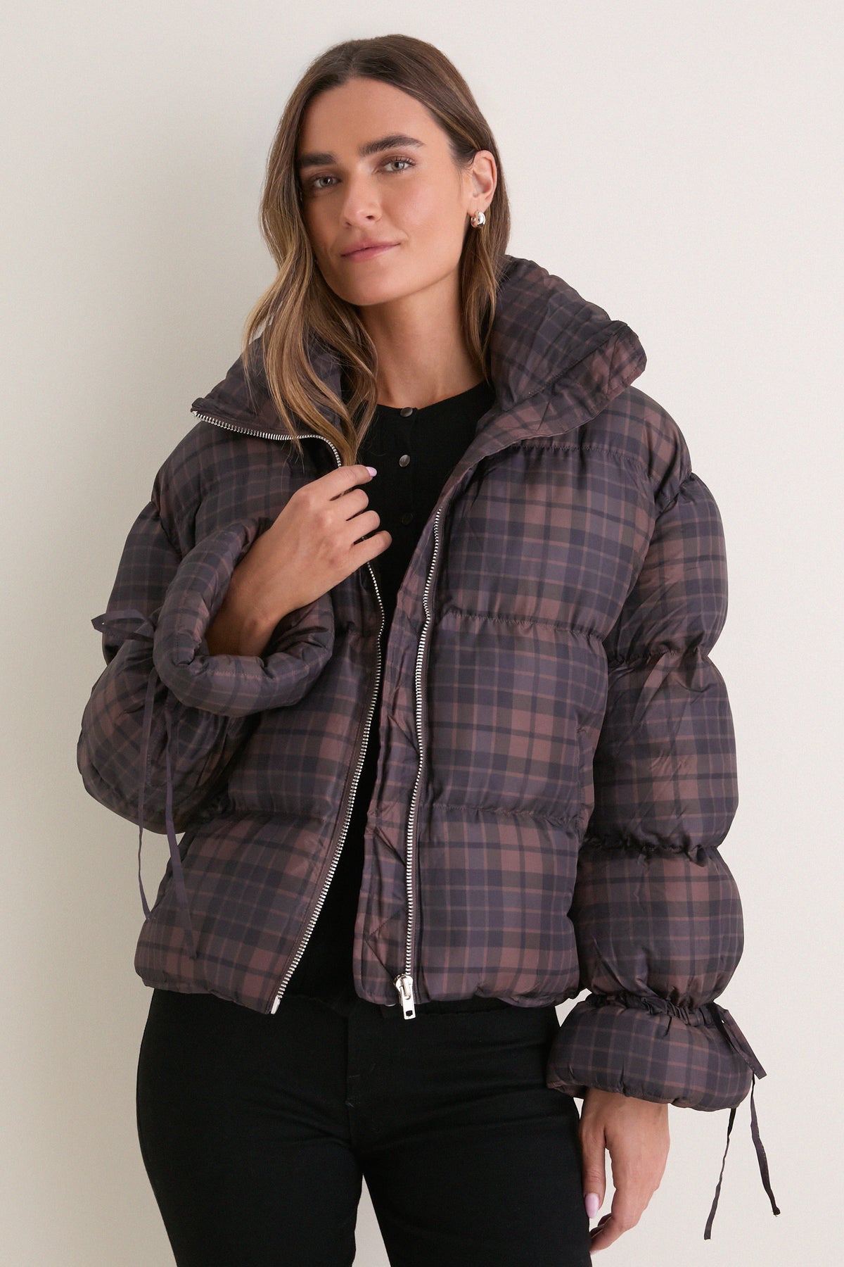 Dark Brown Multi Plaid Puffer Jacket