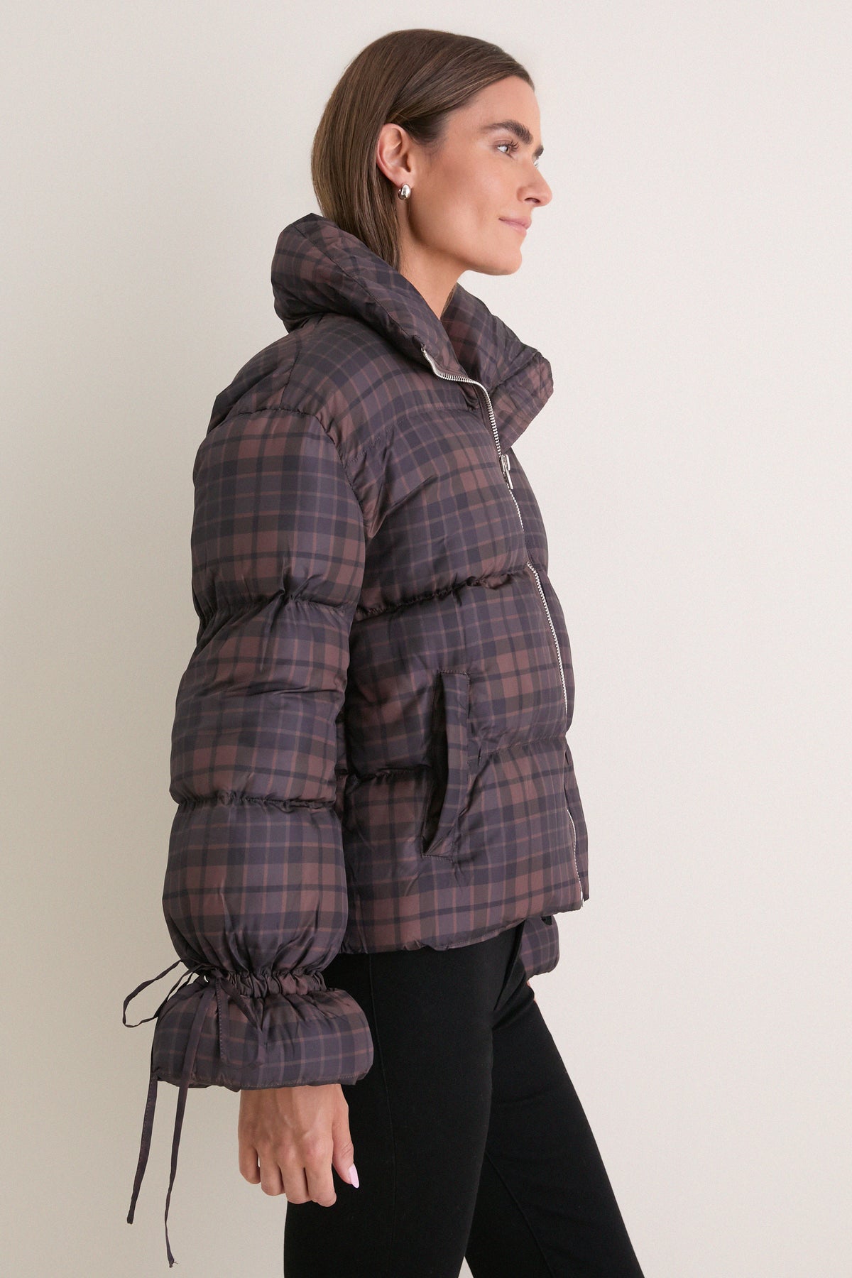 Dark Brown Multi Plaid Puffer Jacket