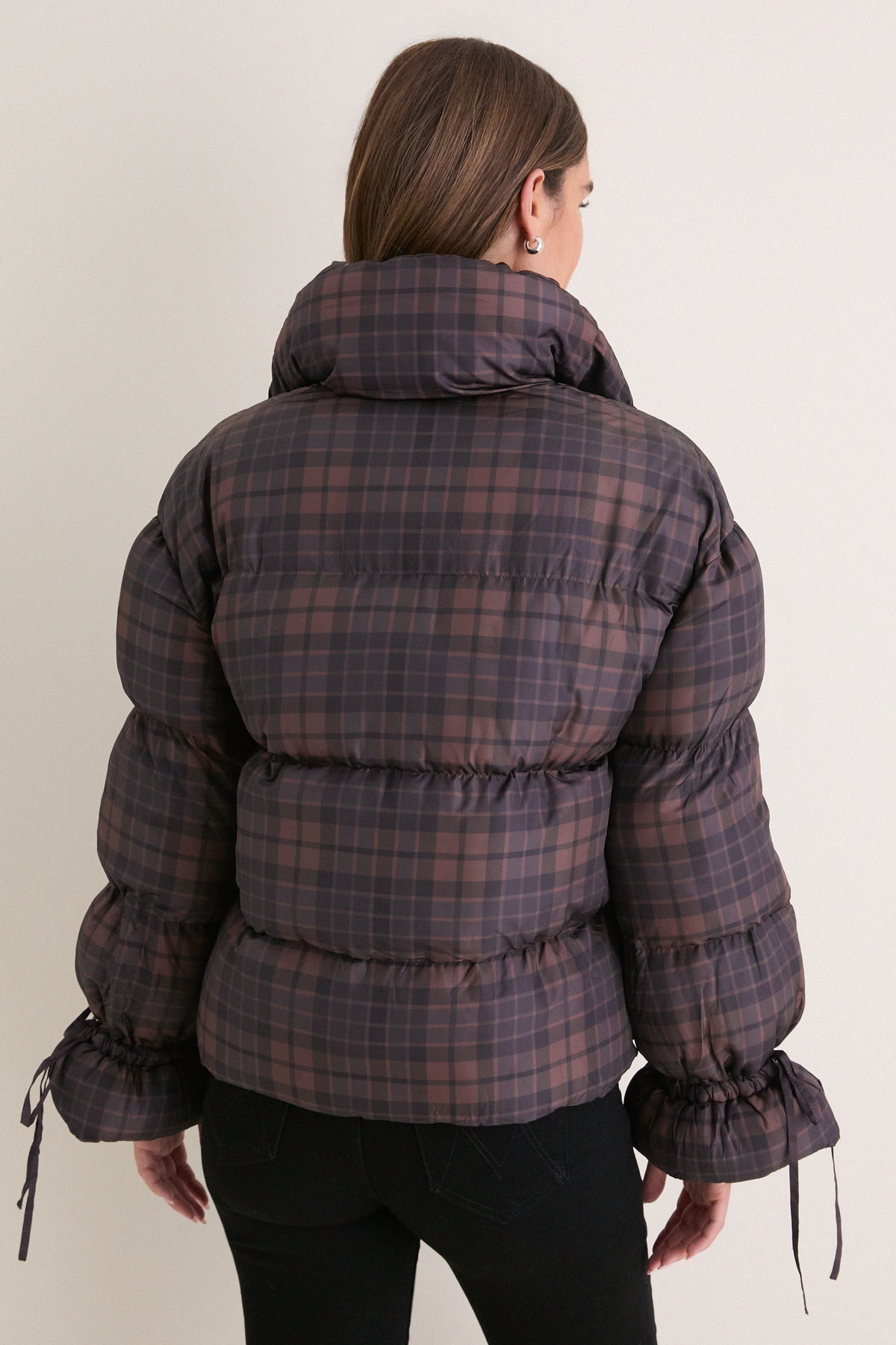 Dark Brown Multi Plaid Puffer Jacket
