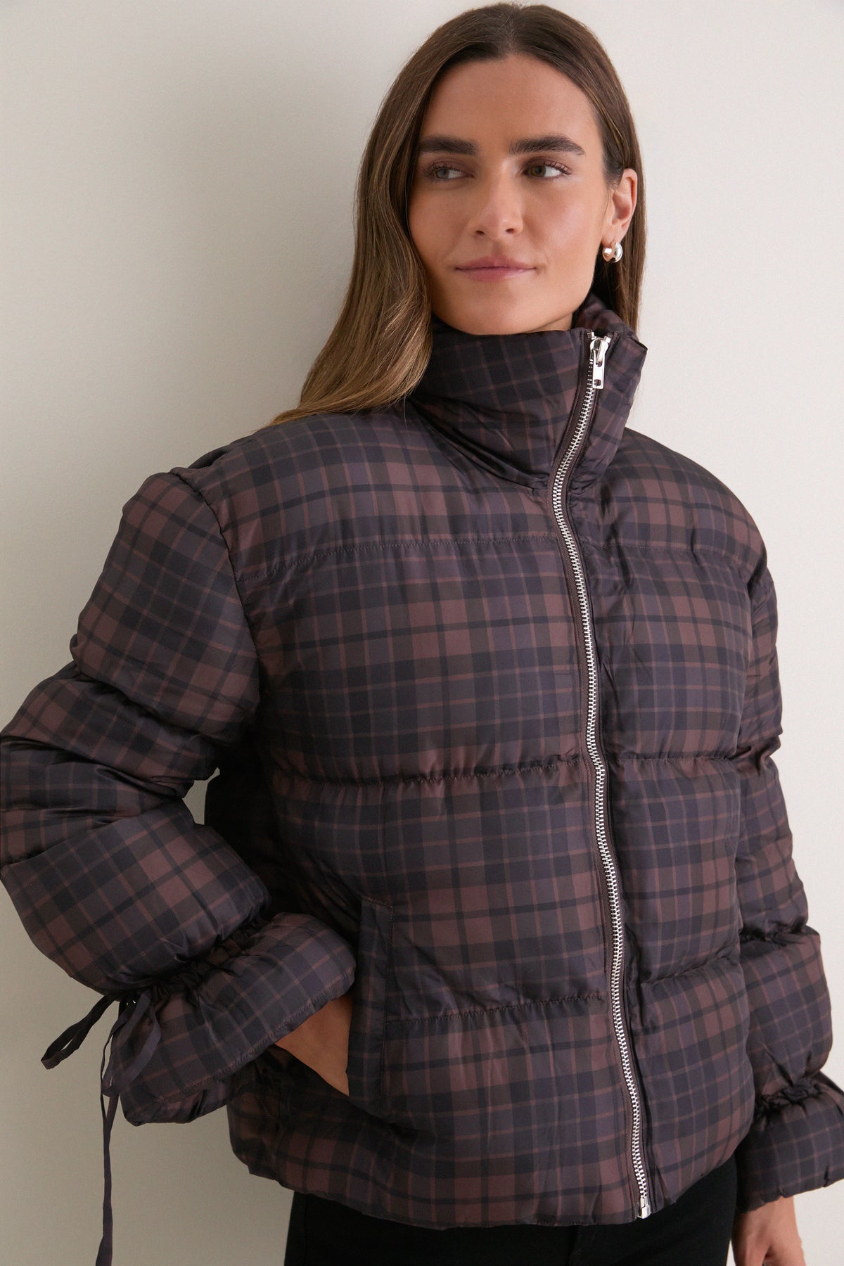 Dark Brown Multi Plaid Puffer Jacket