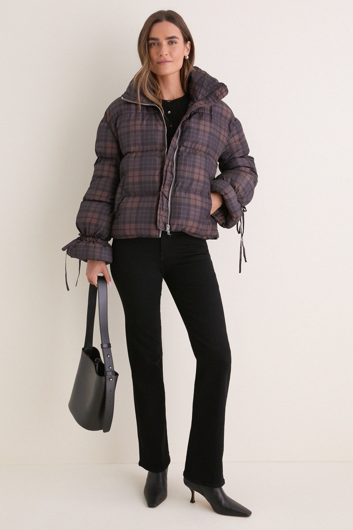 Dark Brown Multi Plaid Puffer Jacket