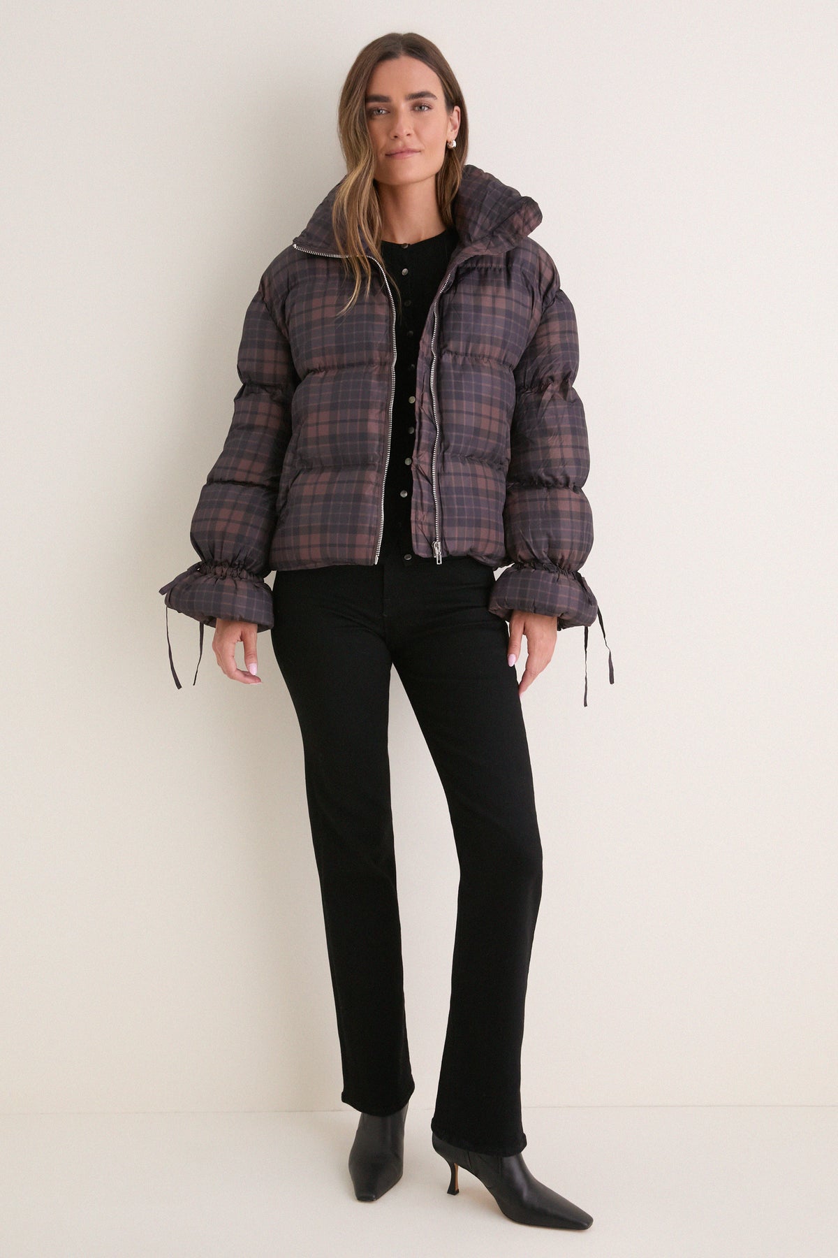 Dark Brown Multi Plaid Puffer Jacket