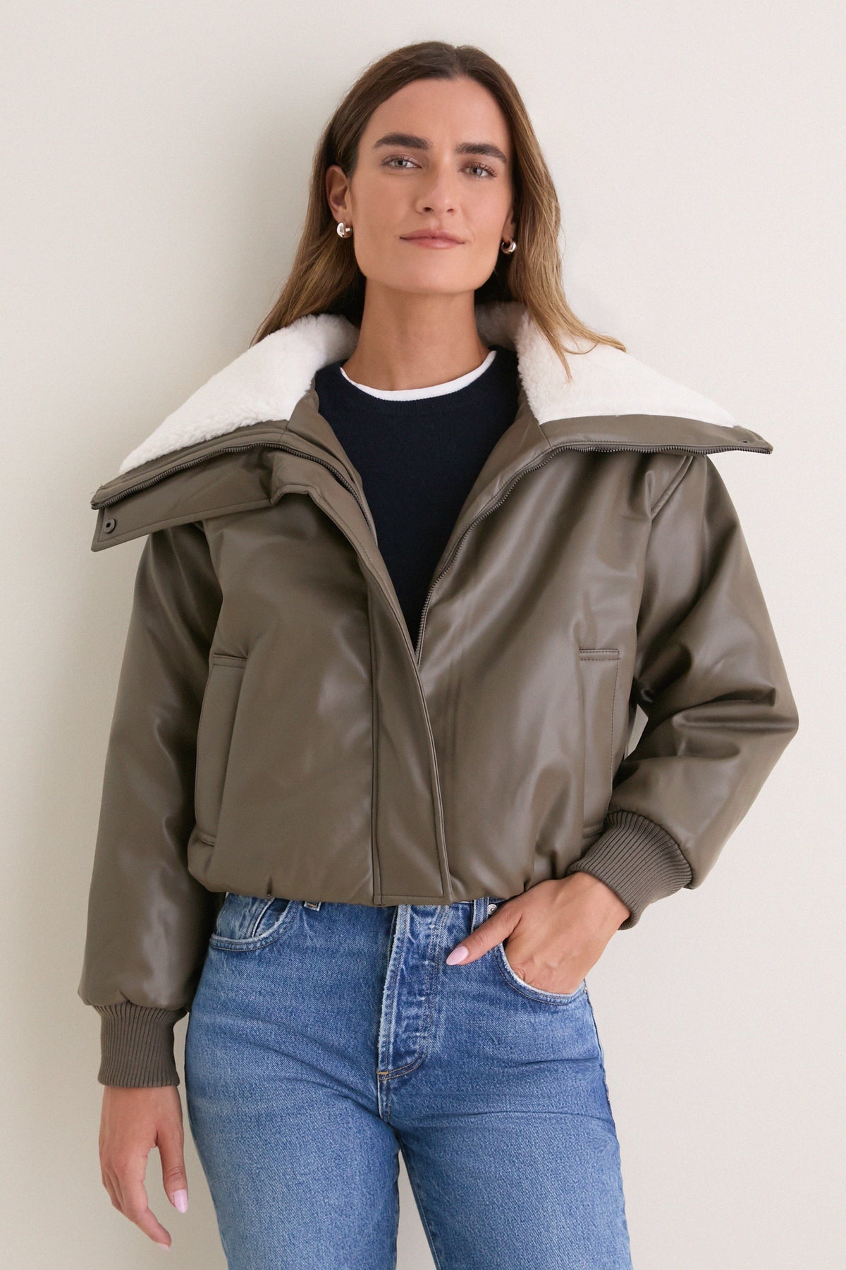 Dark Olive Contrast Sharpa Puffer Leather Jacket