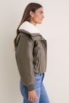 Dark Olive Contrast Sharpa Puffer Leather Jacket