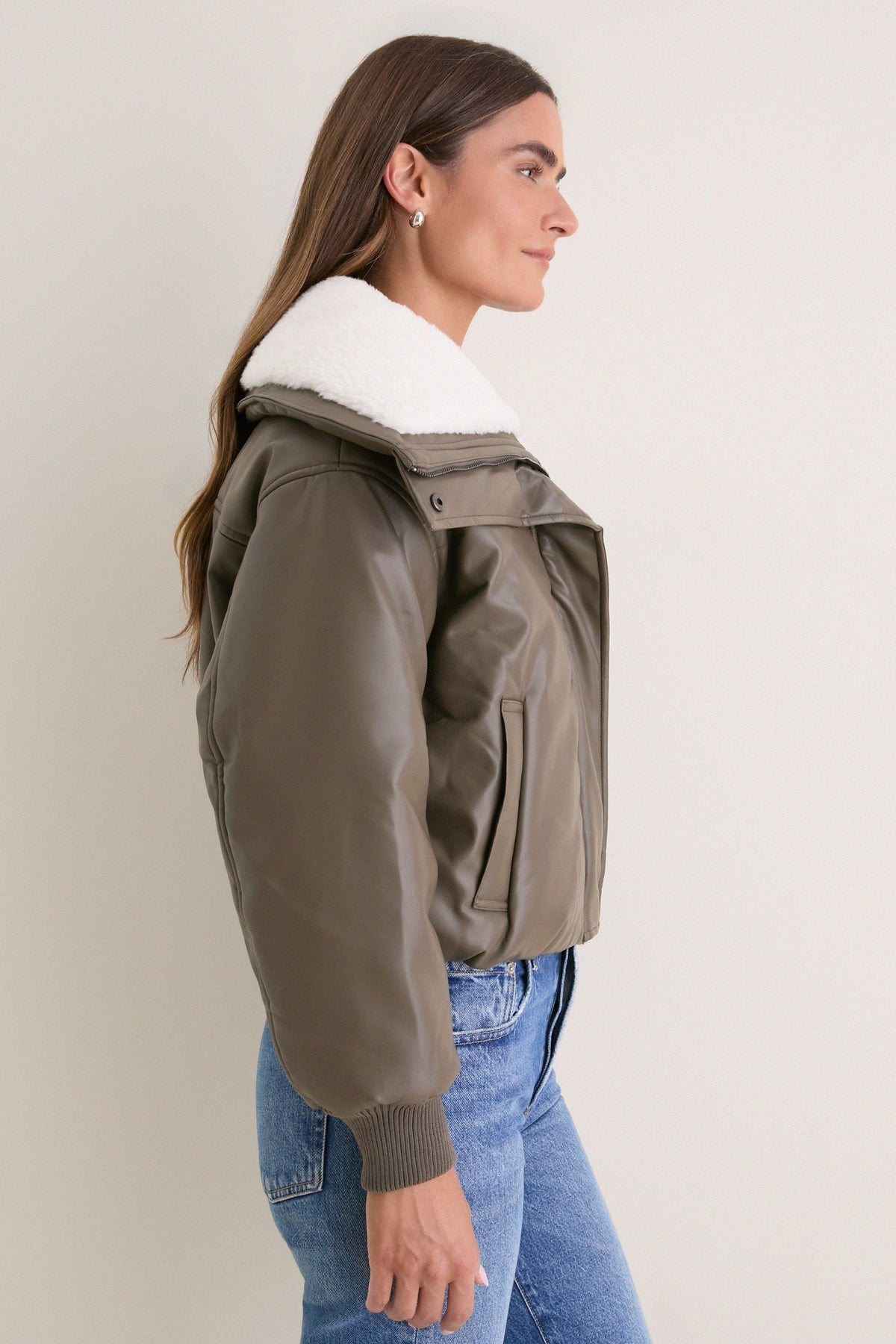 Dark Olive Contrast Sharpa Puffer Leather Jacket
