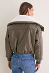 Dark Olive Contrast Sharpa Puffer Leather Jacket