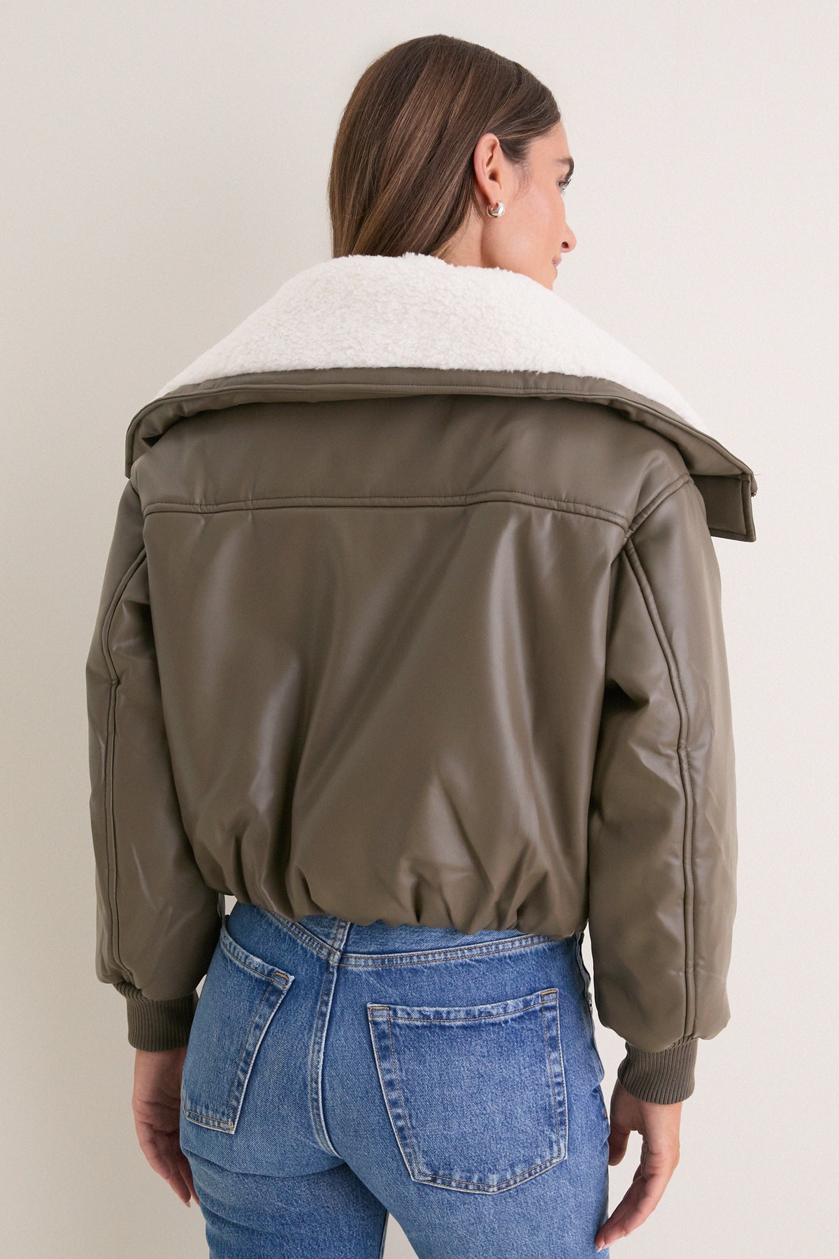 Dark Olive Contrast Sharpa Puffer Leather Jacket