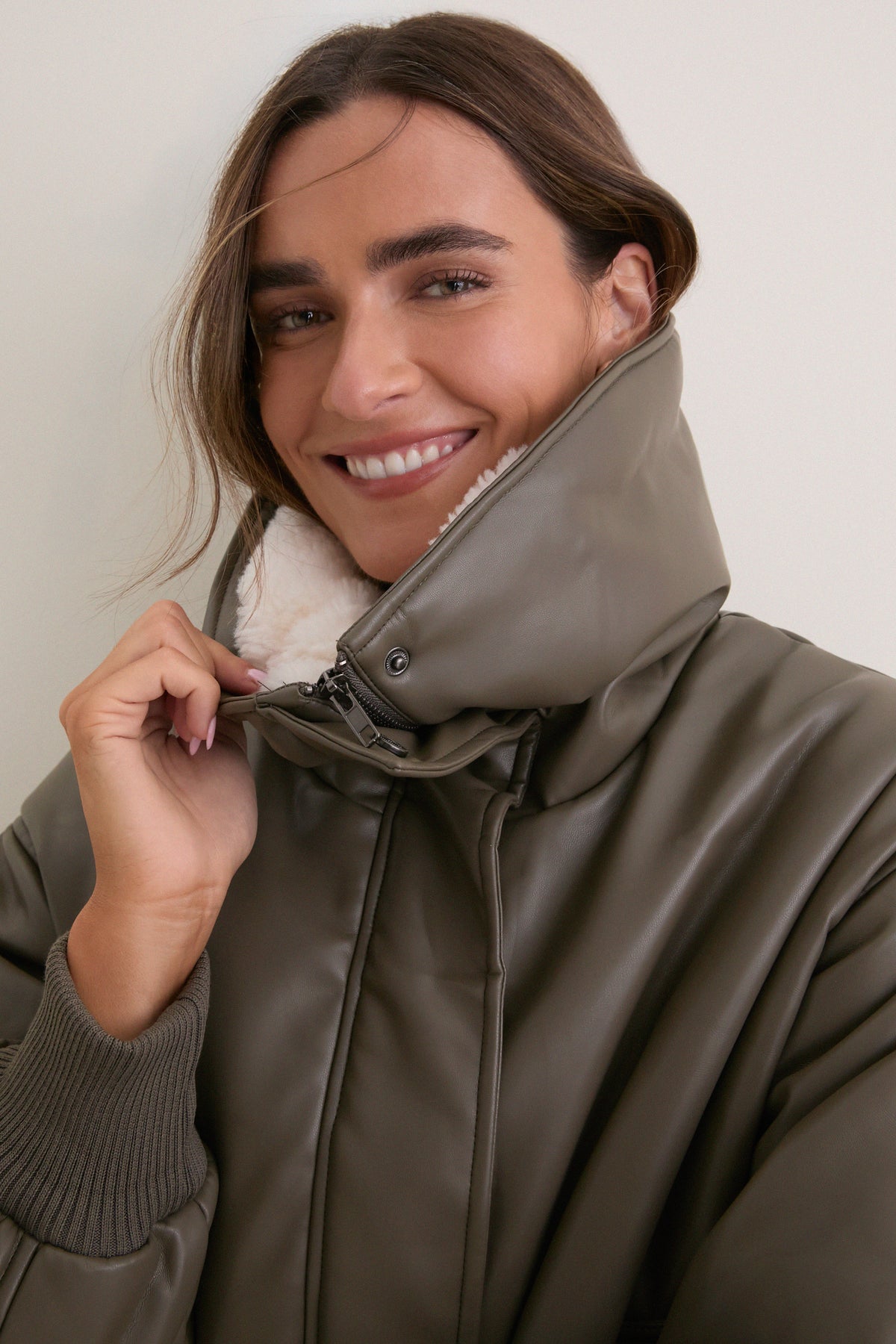 Dark Olive Contrast Sharpa Puffer Leather Jacket