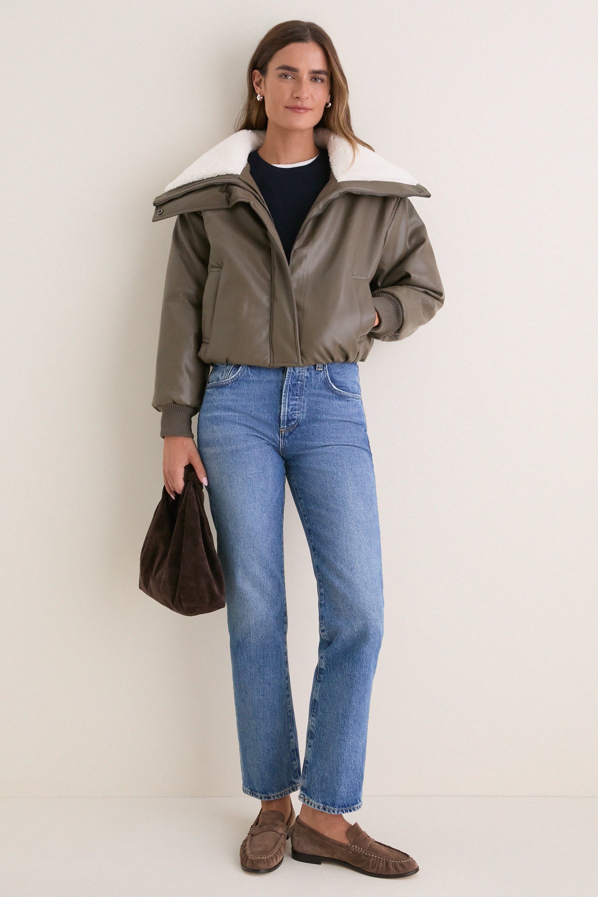 Dark Olive Contrast Sharpa Puffer Leather Jacket