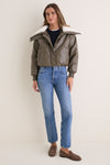 Dark Olive Contrast Sharpa Puffer Leather Jacket