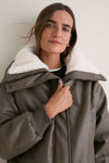Dark Olive Contrast Sharpa Puffer Leather Jacket