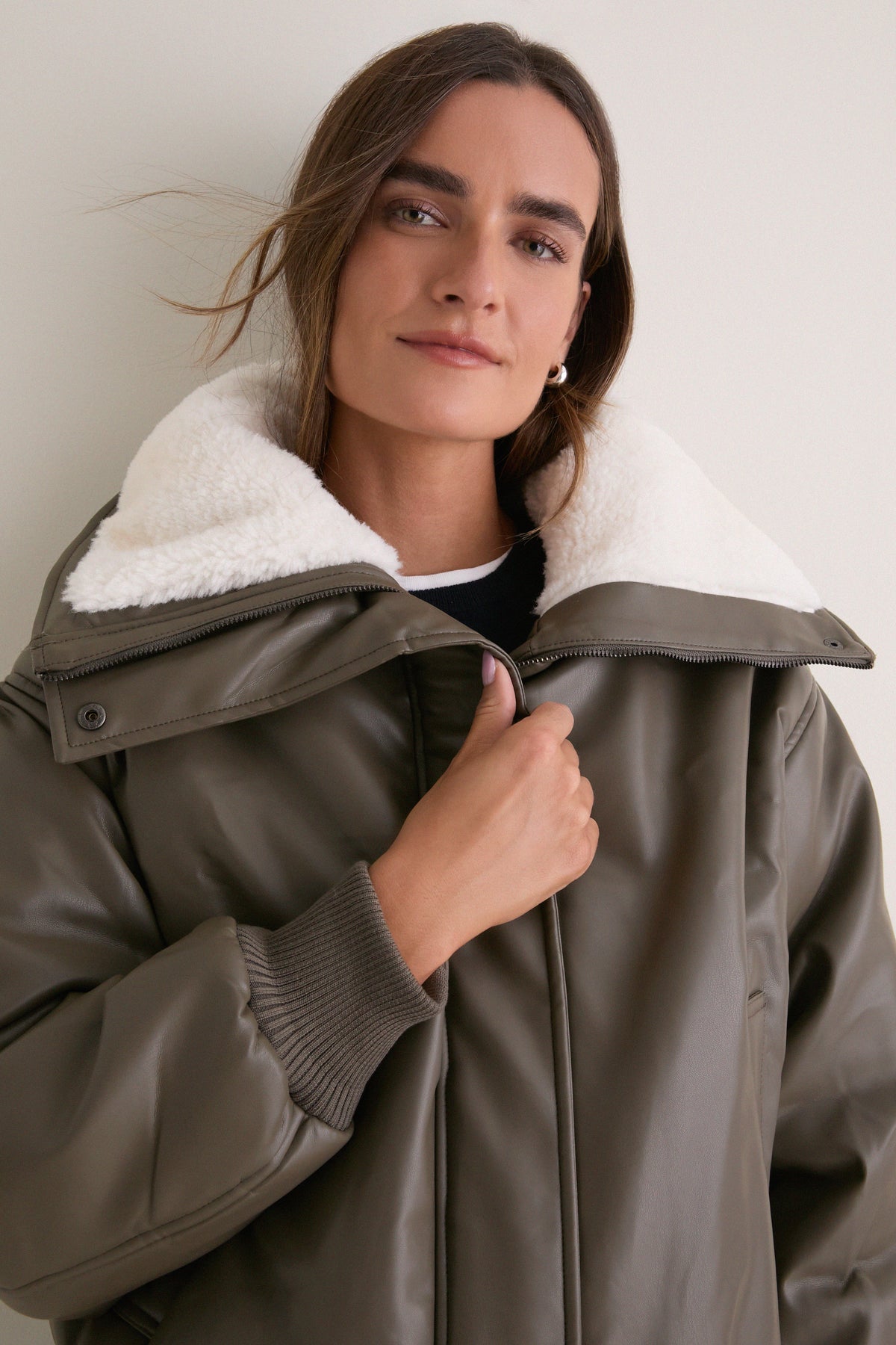 Dark Olive Contrast Sharpa Puffer Leather Jacket