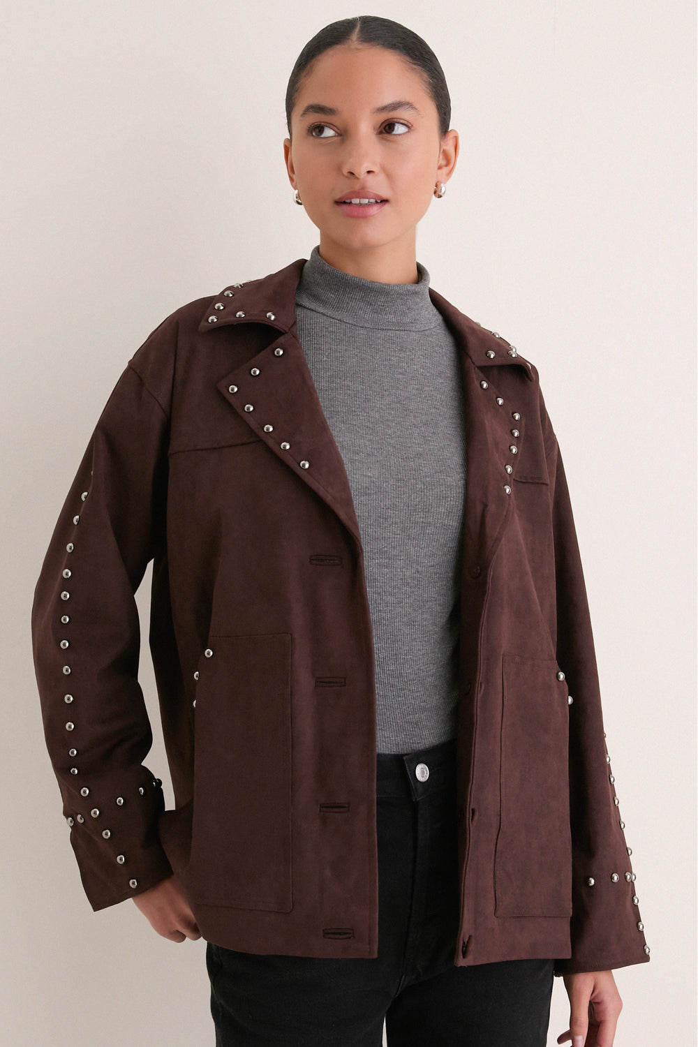 Dark Brown Studded Suede Jacket