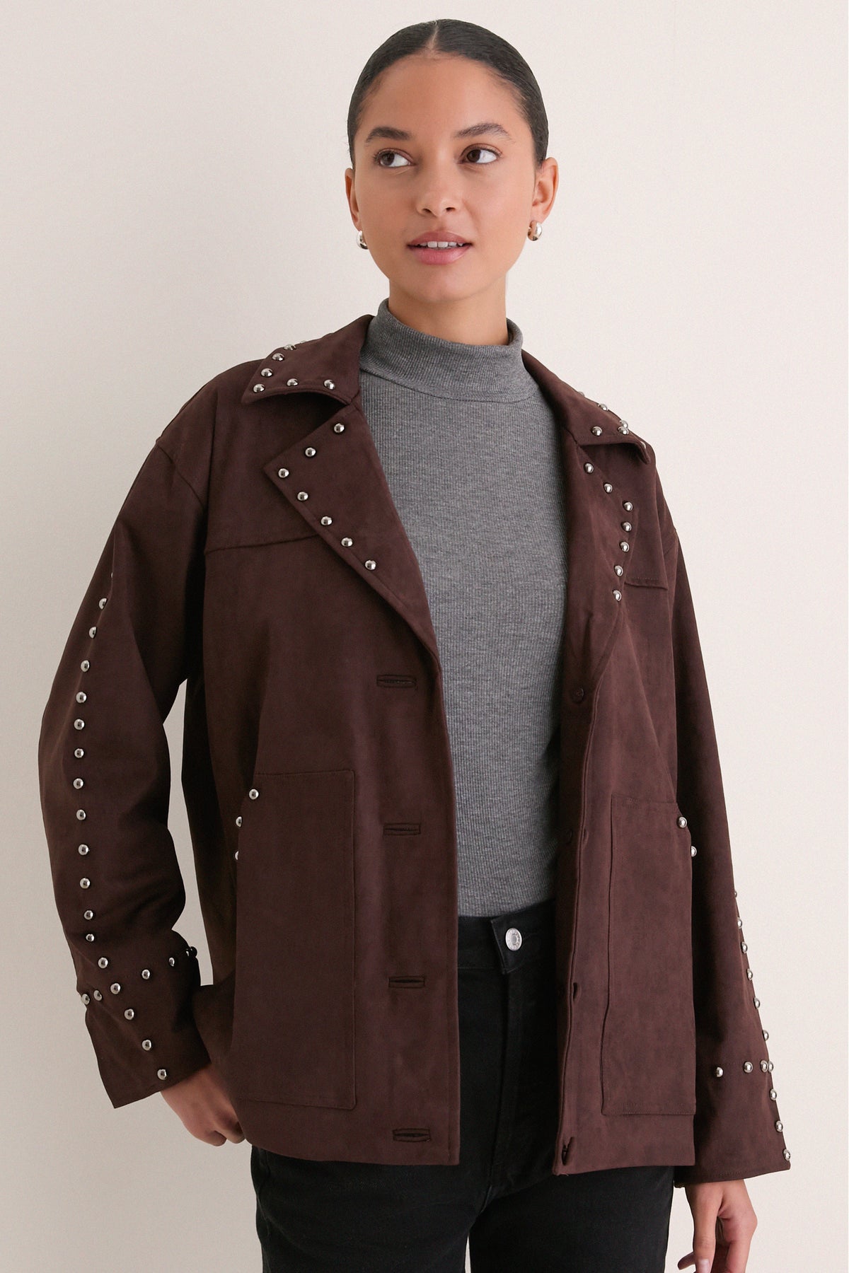 Dark Brown Studded Suede Jacket