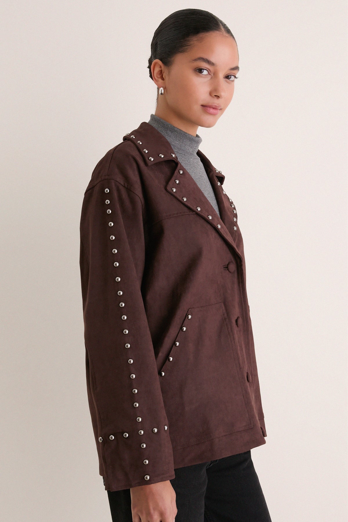 Dark Brown Studded Suede Jacket
