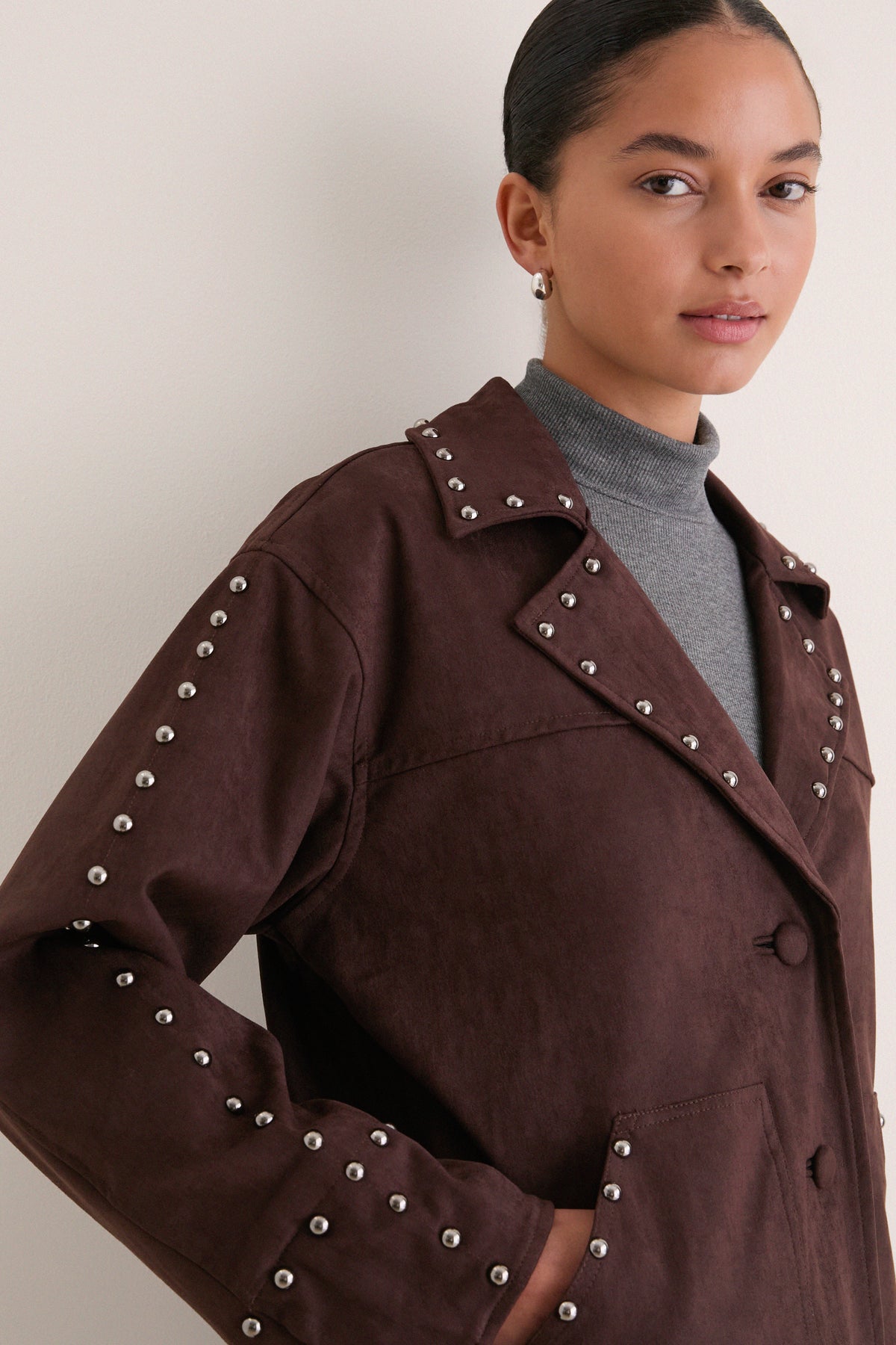 Dark Brown Studded Suede Jacket
