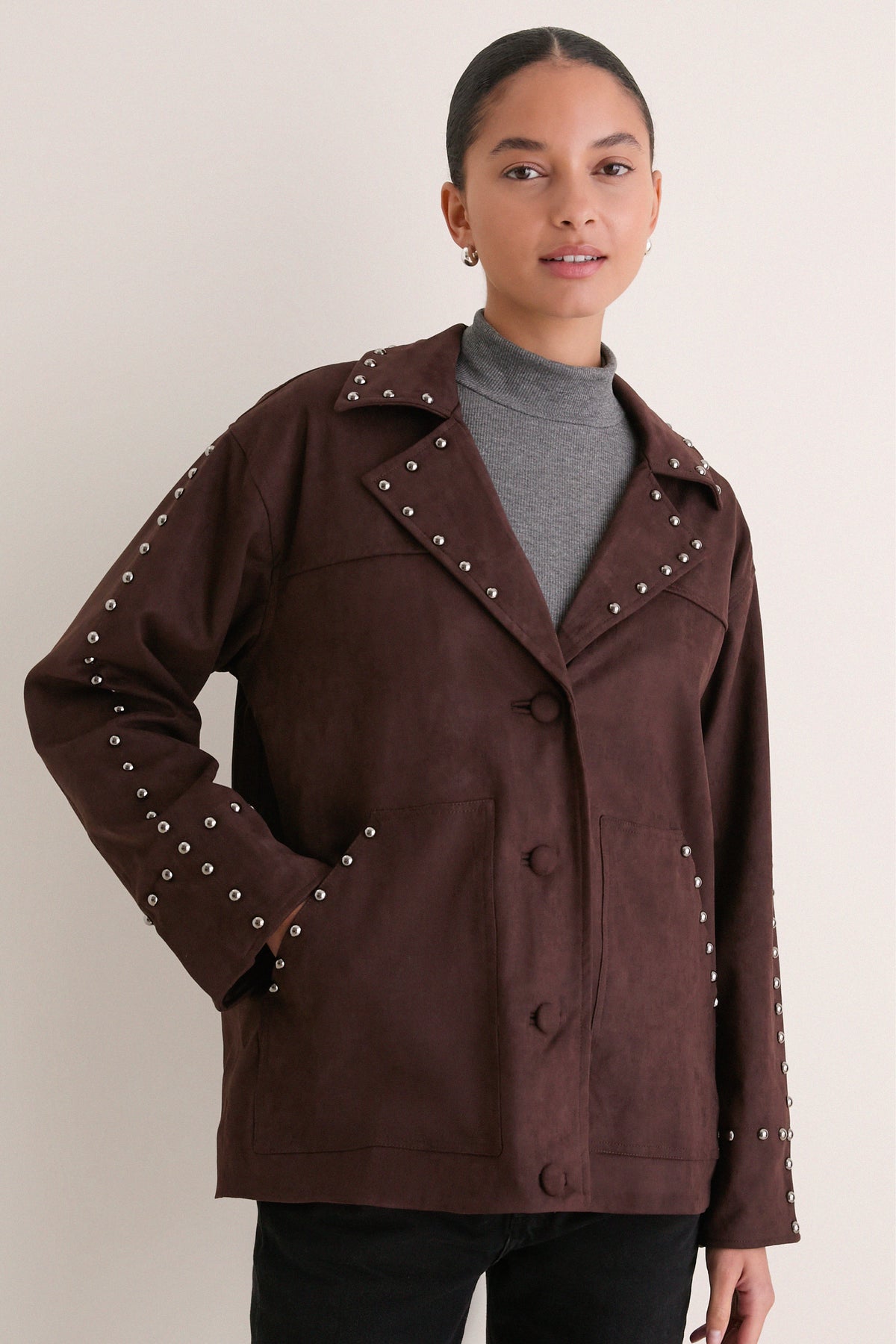 Dark Brown Studded Suede Jacket