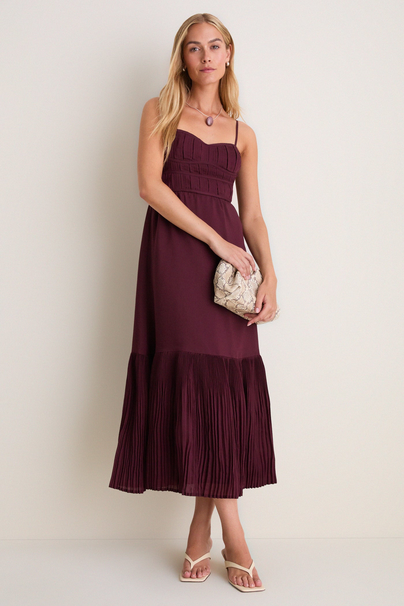 Wine Pleated Sleeveless Midi Dress