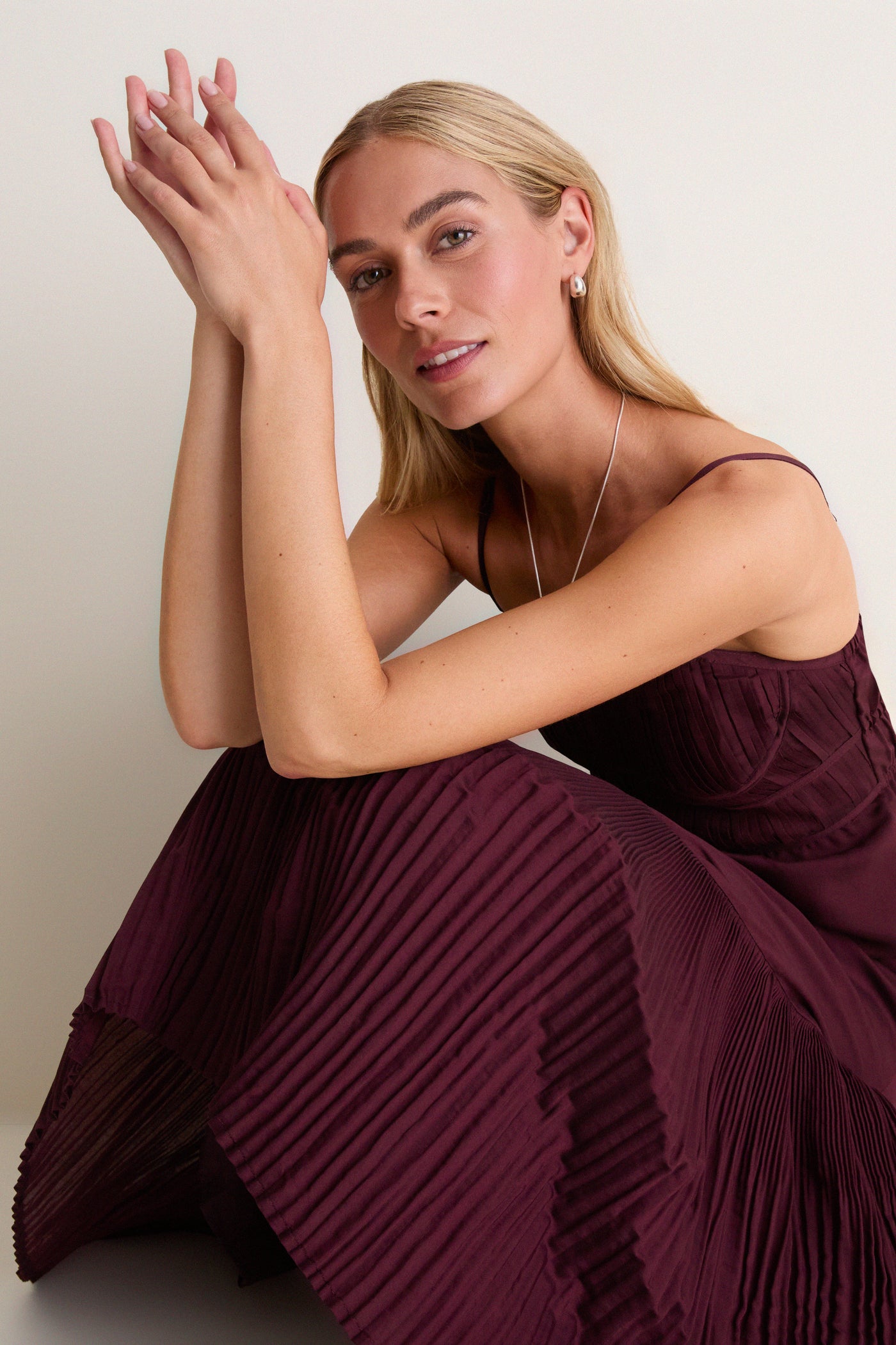 wine midi dress Red Ruched A-Line short sleeves with frilly detailing Wine Pleated Sleeveless Midi Dress