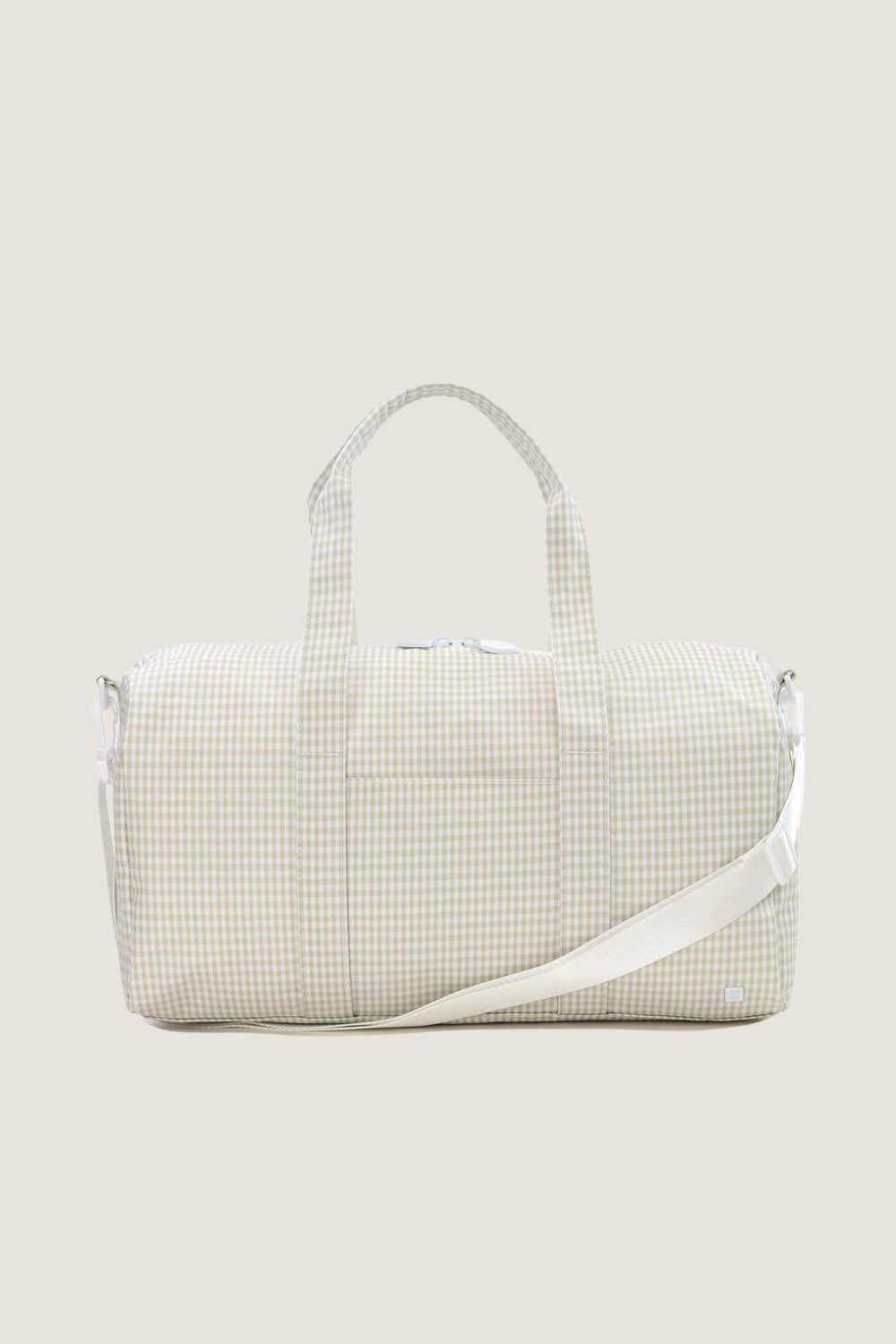 Gingham Pearl Grey Weekender Duffel Bag with classic gingham pattern, top handles, and detachable shoulder strap. Effortlessly combines fun, high-end design with practical features.