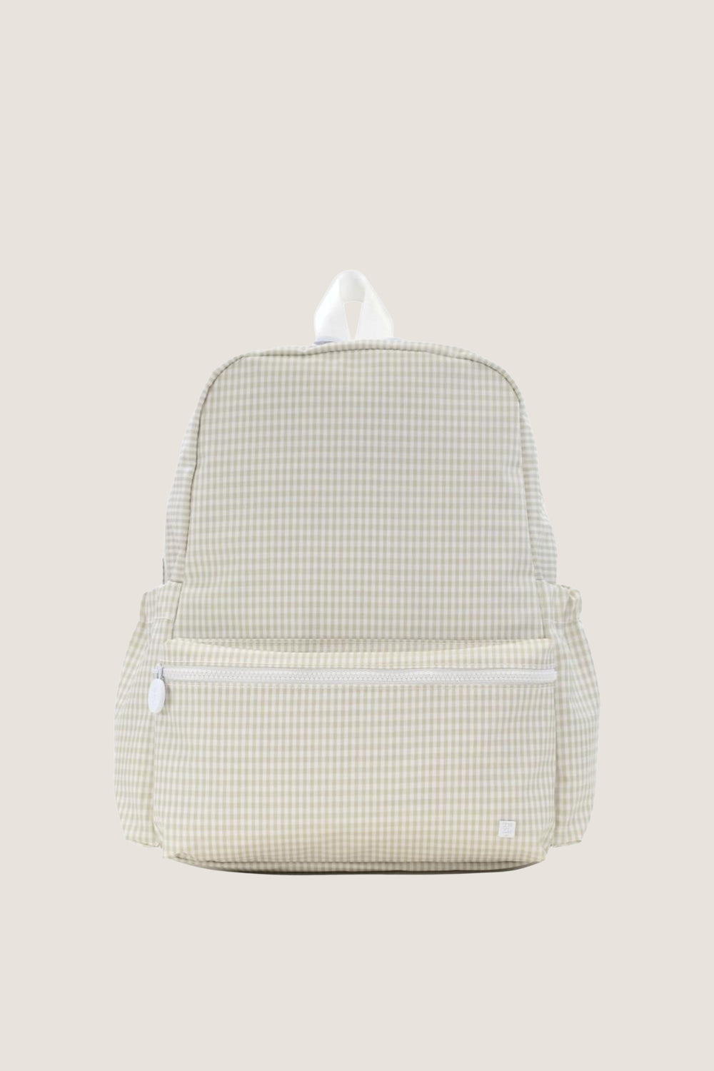 Gingham Pearl Grey Backpack with classic gingham pattern, featuring an effortless design with a main top zip and fun front pocket, embodying high-end style.