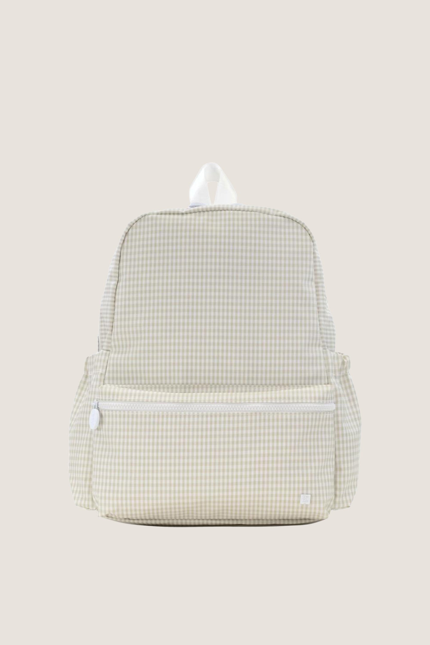 Gingham Pearl Grey Backpack with classic gingham pattern, featuring an effortless design with a main top zip and fun front pocket, embodying high-end style.