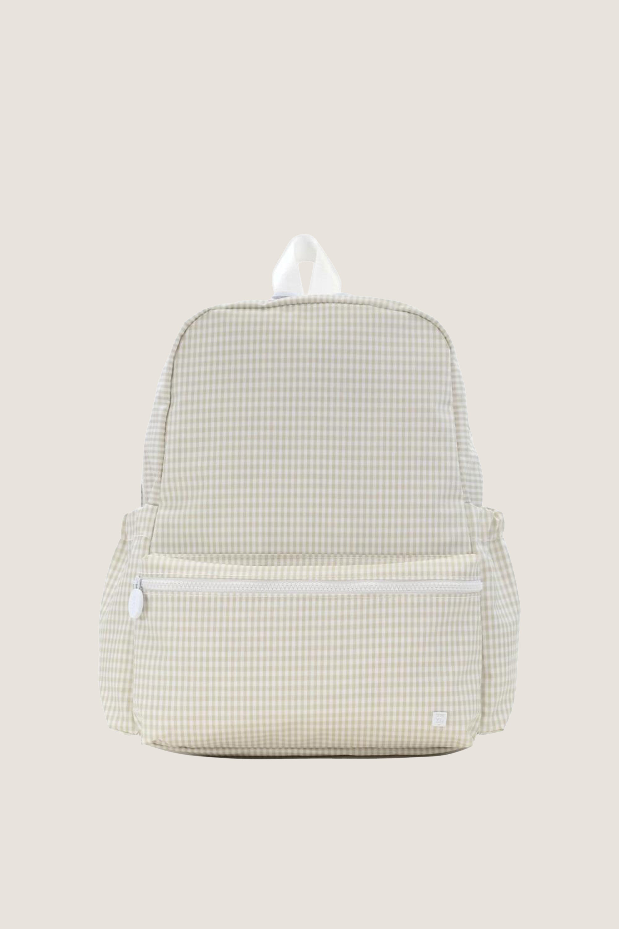 Gingham Pearl Grey Backpack with classic gingham pattern, featuring an effortless design with a main top zip and fun front pocket, embodying high-end style.