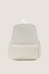 Gingham Pearl Grey Backpack with a classic beige-and-white checkered fabric, featuring an effortless top handle, fun front pocket, and high-end adjustable padded straps.