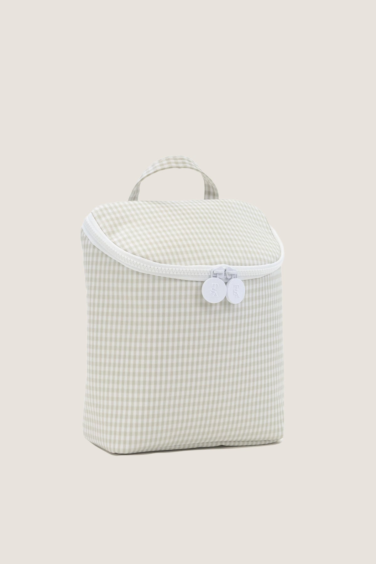 Gingham Pearl Grey Take Away Insulated Lunch Bag features a classic gingham design, effortless zip closure, and loop handle, offering a fun, high-end travel accessory.