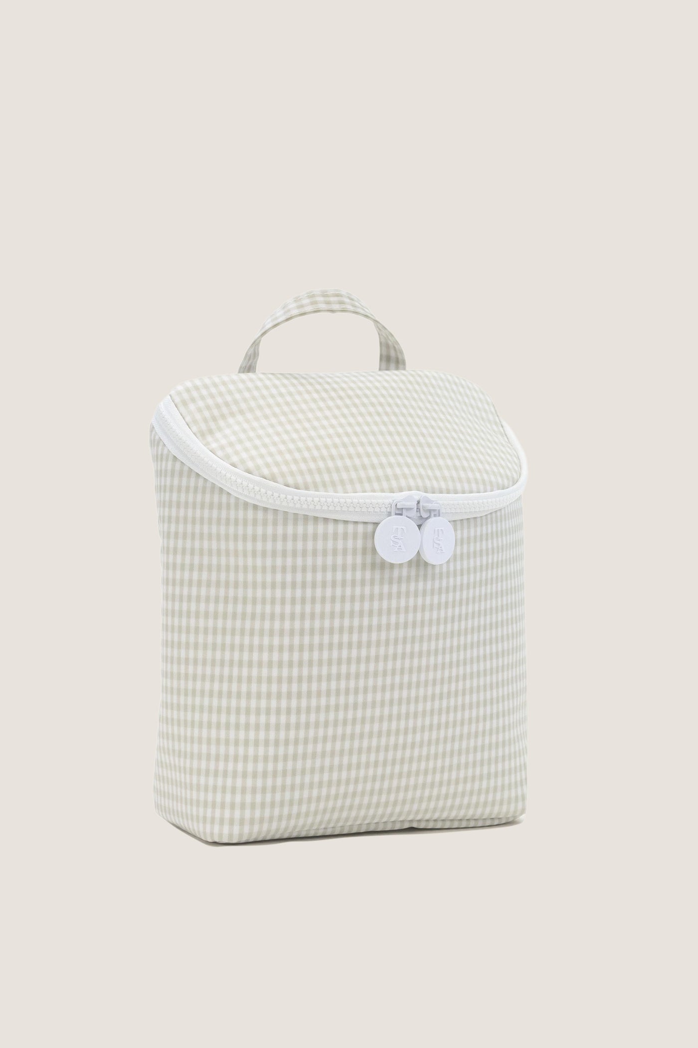 Gingham Pearl Grey Take Away Insulated Lunch Bag features a classic gingham design, effortless zip closure, and loop handle, offering a fun, high-end travel accessory.