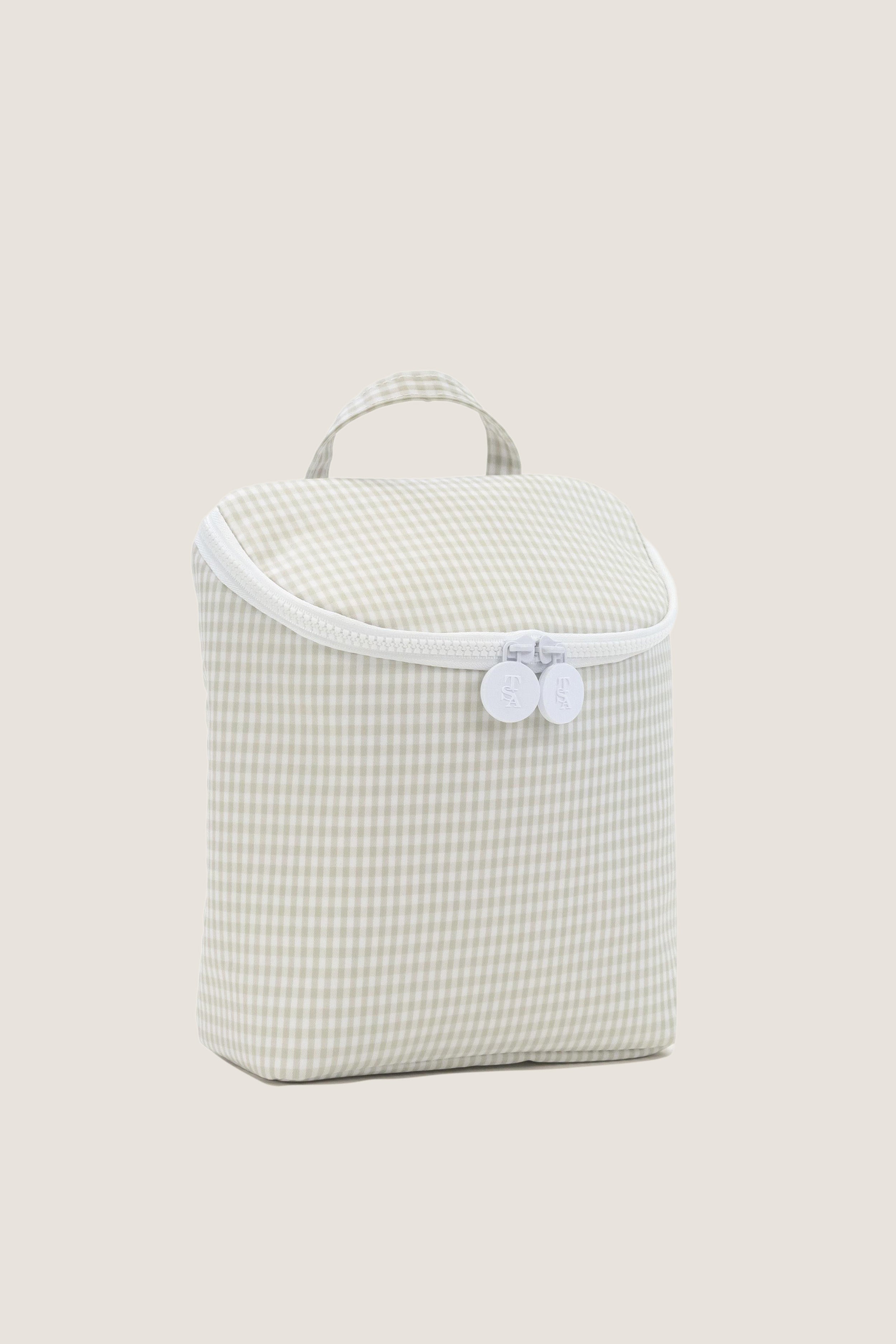 Gingham Pearl Grey Take Away Insulated Lunch Bag features a classic gingham design, effortless zip closure, and loop handle, offering a fun, high-end travel accessory.