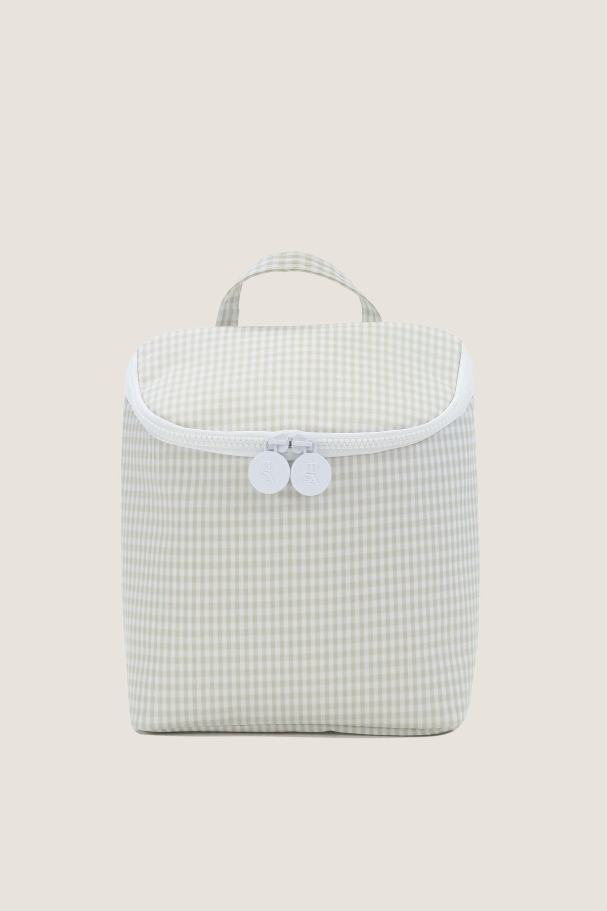 Gingham Pearl Grey Take Away Insulated Lunch Bag: A classic, effortless zip-up pouch with a top handle and dual pull-tabs, perfect for fun, high-end travel.