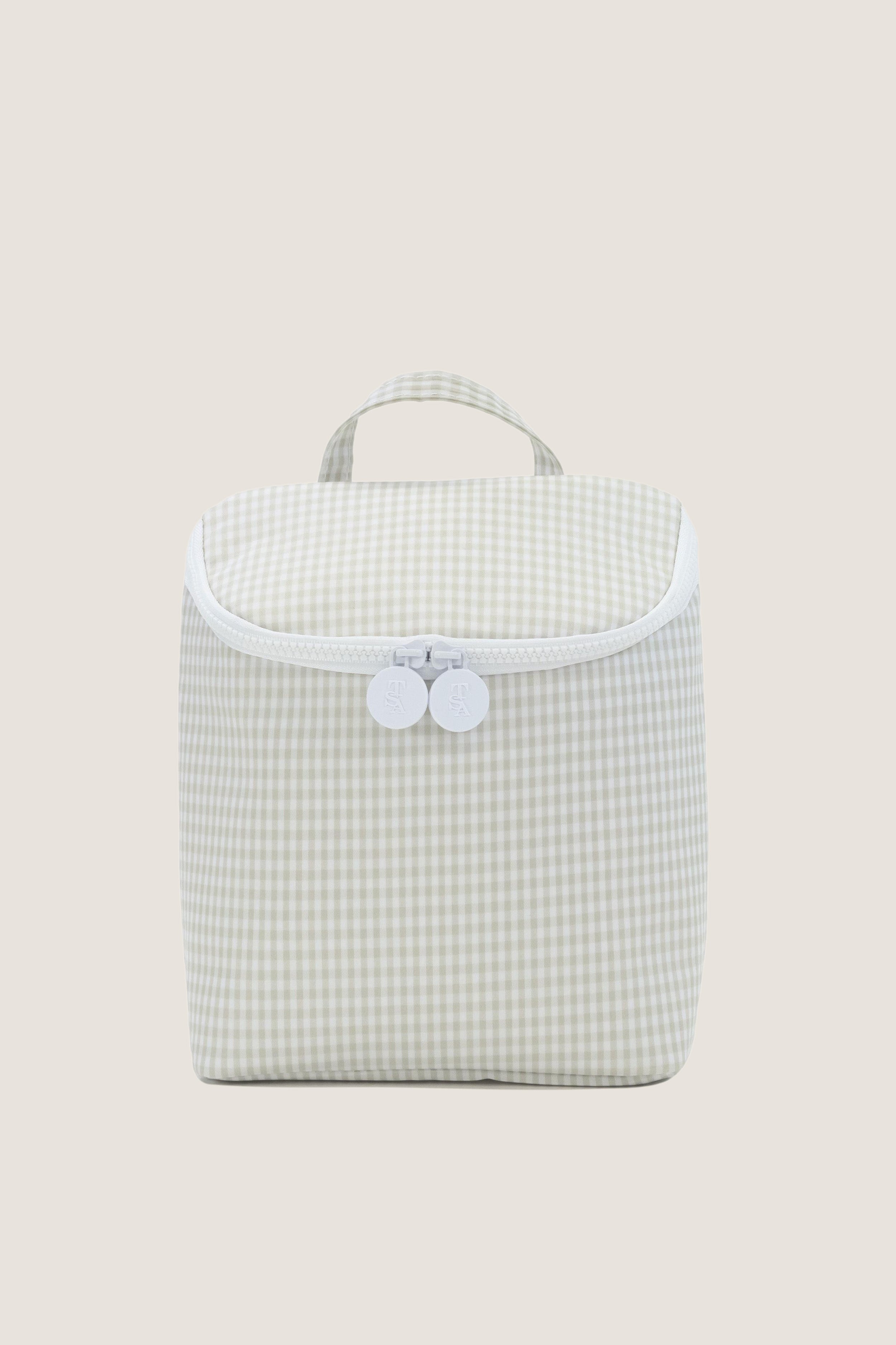 Gingham Pearl Grey Take Away Insulated Lunch Bag: A classic, effortless zip-up pouch with a top handle and dual pull-tabs, perfect for fun, high-end travel.