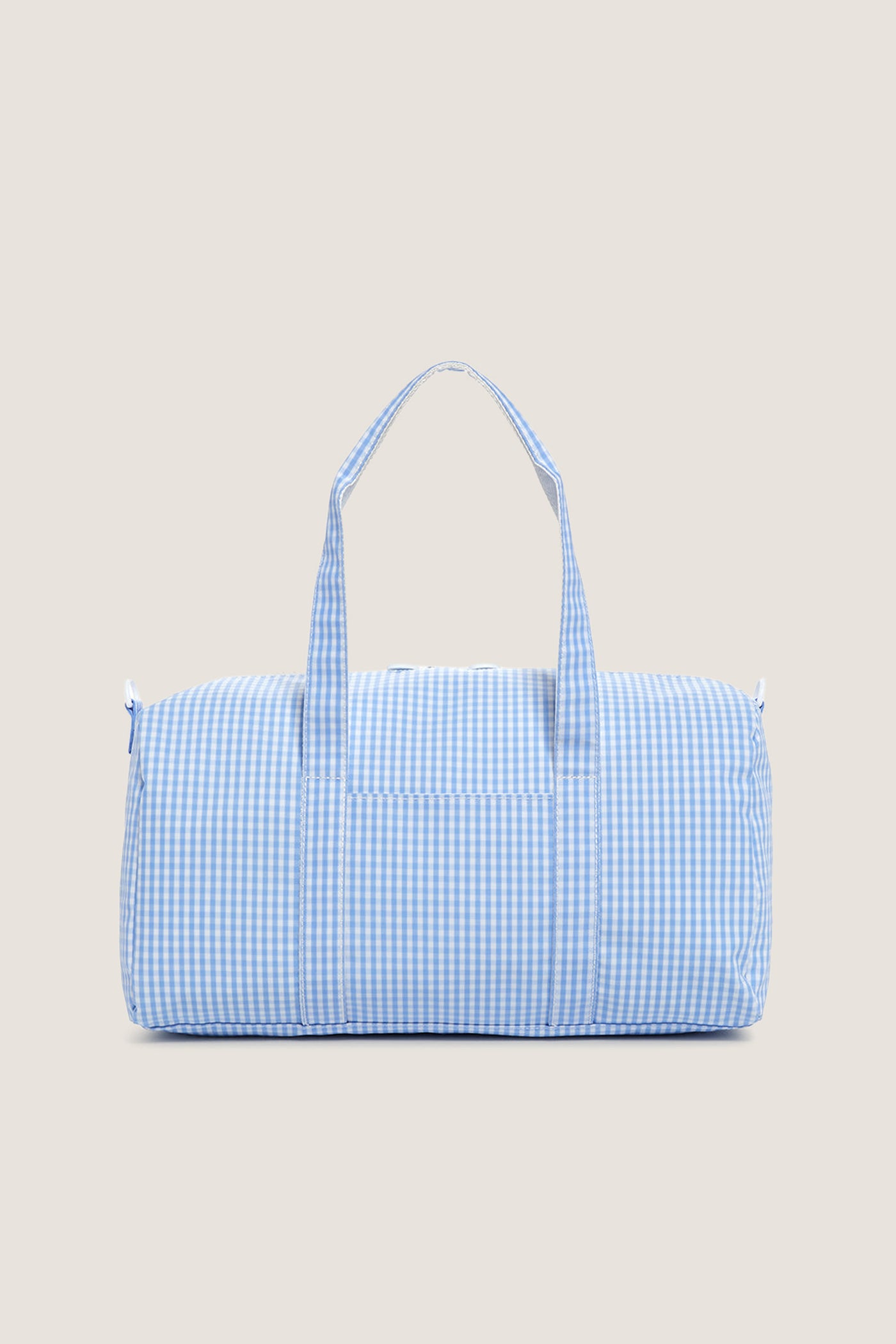 Gingham Sky Weekender Duffel Bag in light blue gingham pattern, featuring a classic, effortless design with dual handles and a playful, high-end feel.