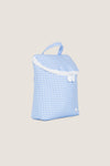 Gingham Sky Take Away Insulated Lunch Bag: a classic, high-end soft-sided bag with an effortless design, featuring a top loop handle and front zipper for fun, stylish convenience.