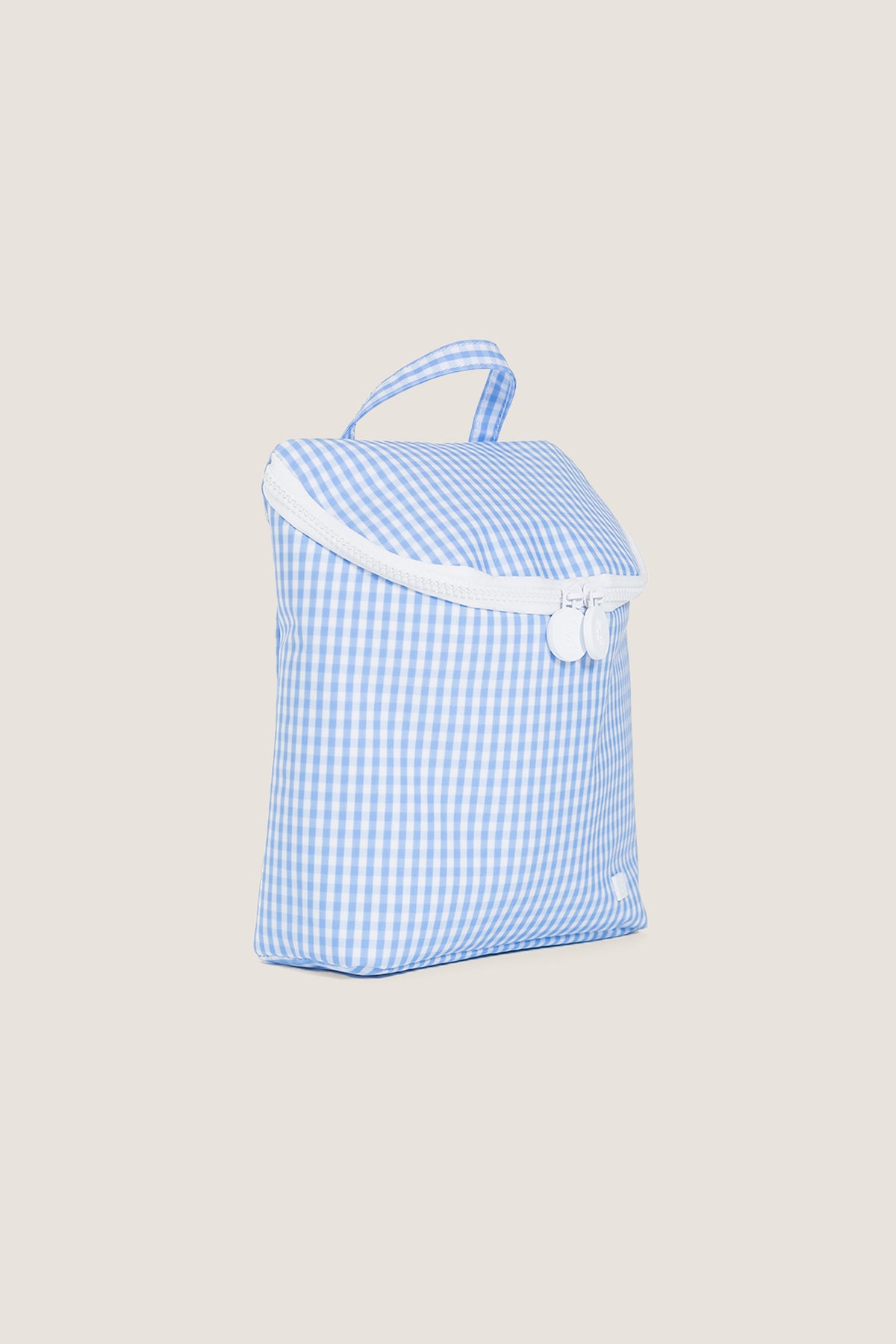 Gingham Sky Take Away Insulated Lunch Bag: a classic, high-end soft-sided bag with an effortless design, featuring a top loop handle and front zipper for fun, stylish convenience.