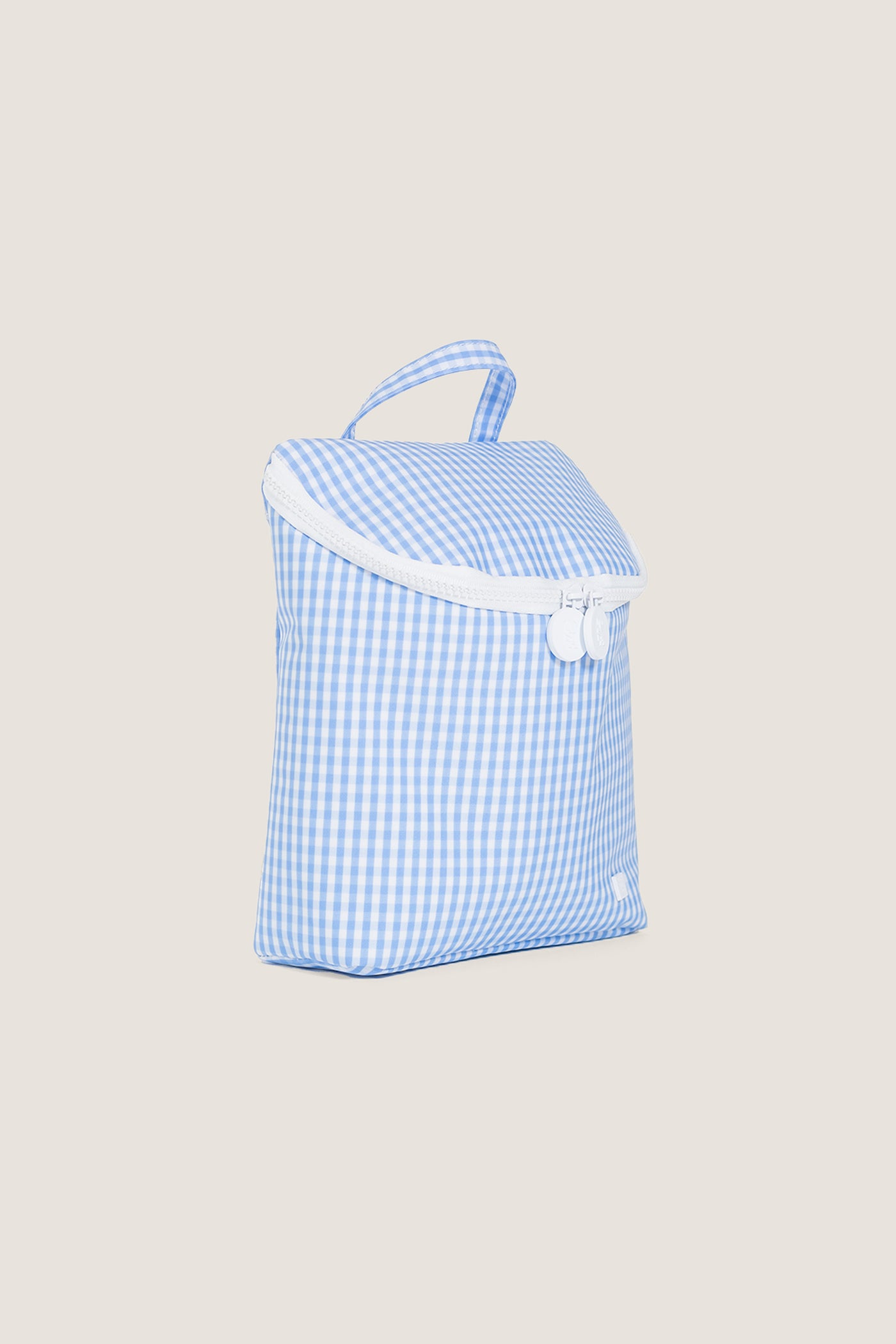 Gingham Sky Take Away Insulated Lunch Bag: a classic, high-end soft-sided bag with an effortless design, featuring a top loop handle and front zipper for fun, stylish convenience.